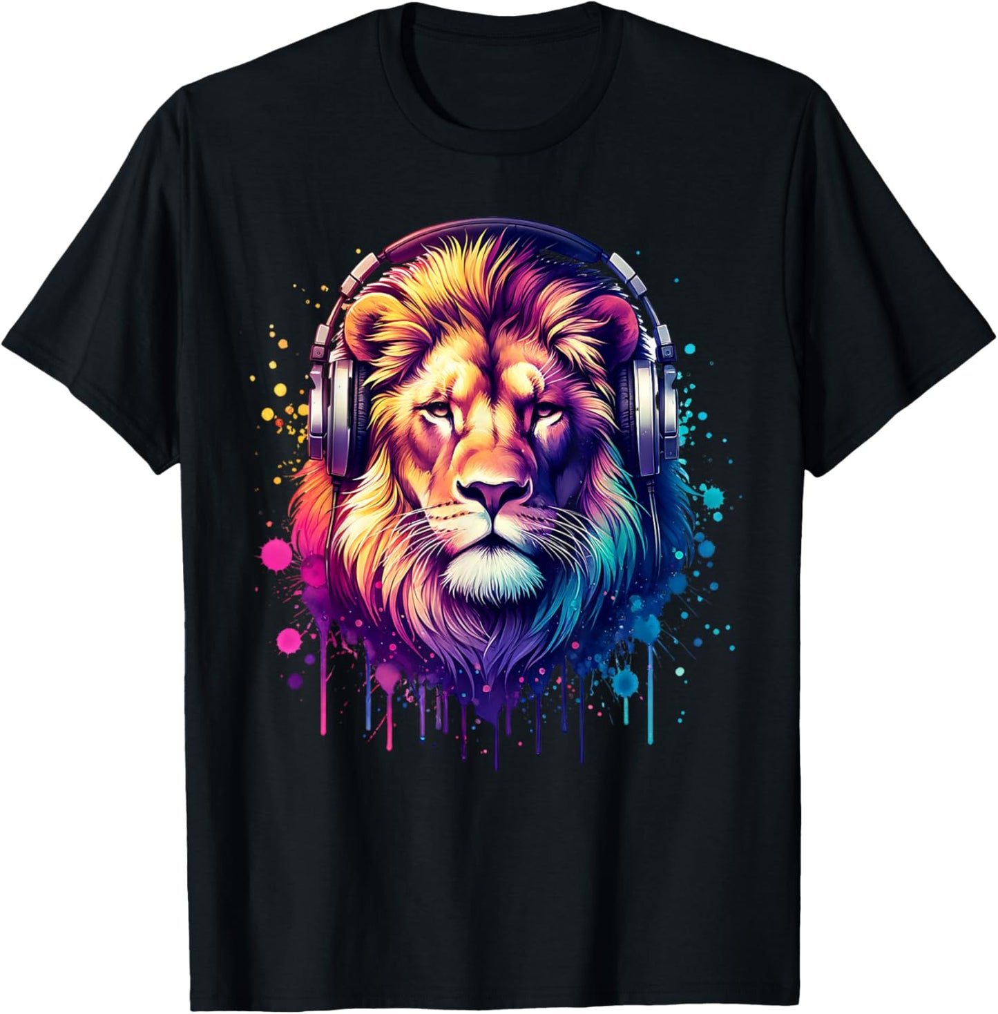 Lion With Headphones T-Shirt - T-Shirt | Black