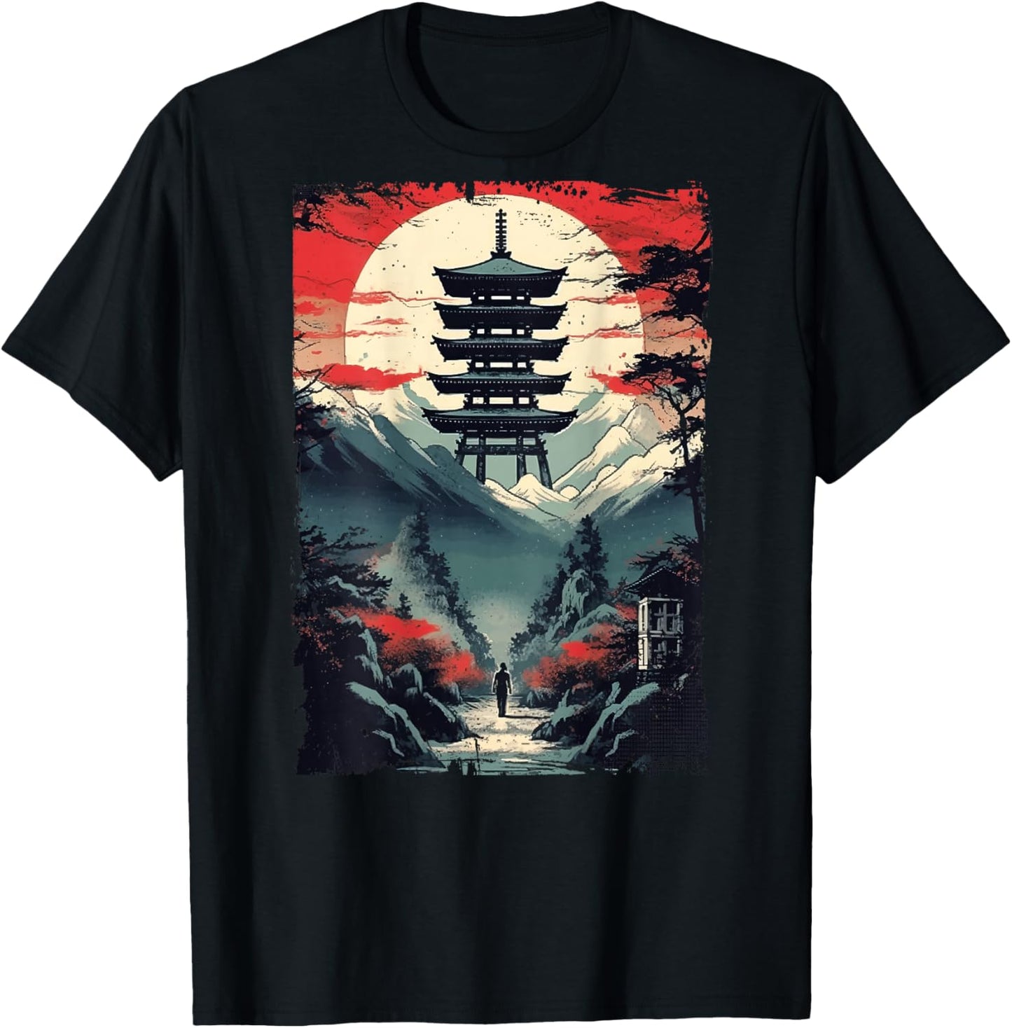 Japanese men walking Woodblock Art Spiritual (ART BACK) T-Shirt - T-Shirt | Black