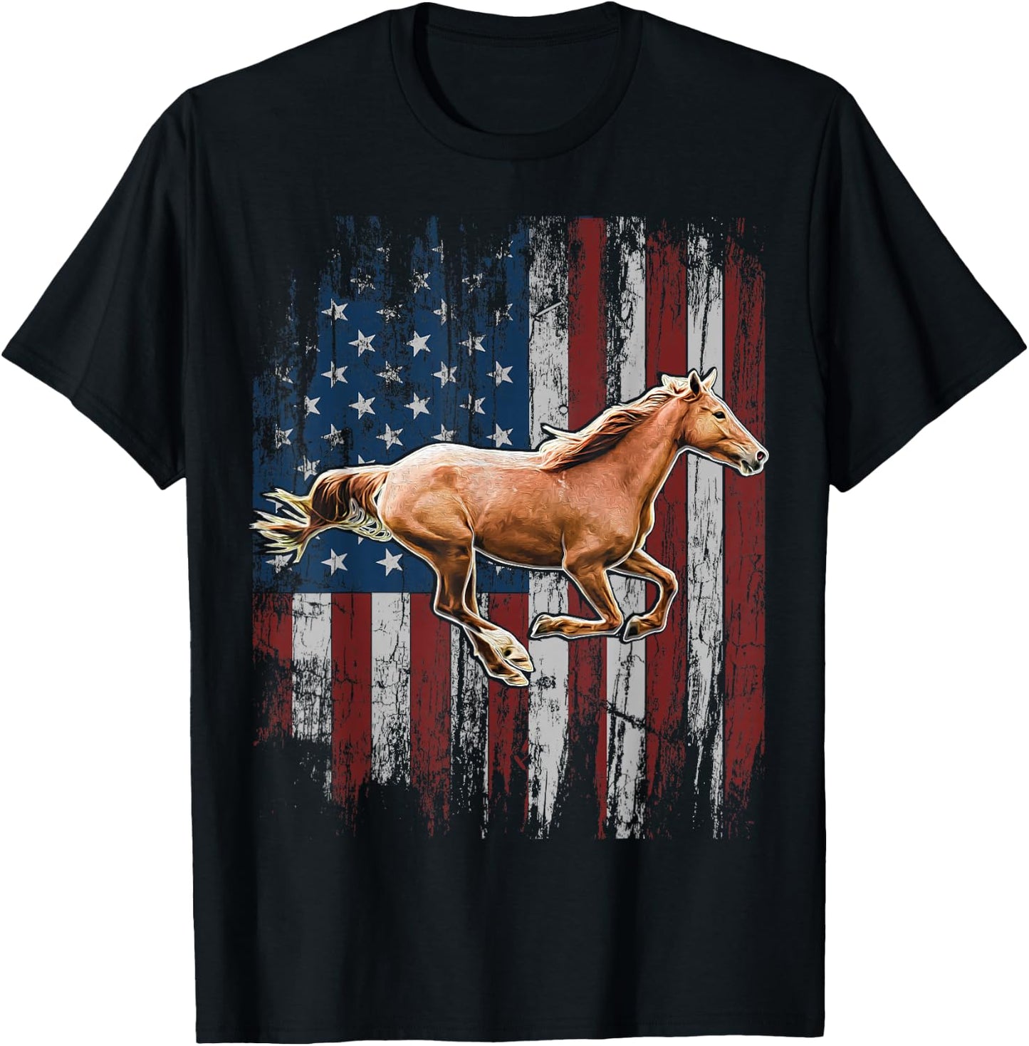 Patriotic Horse American Flag Horseback Riding Farm Gift T-Shirt - T-Shirt | Black