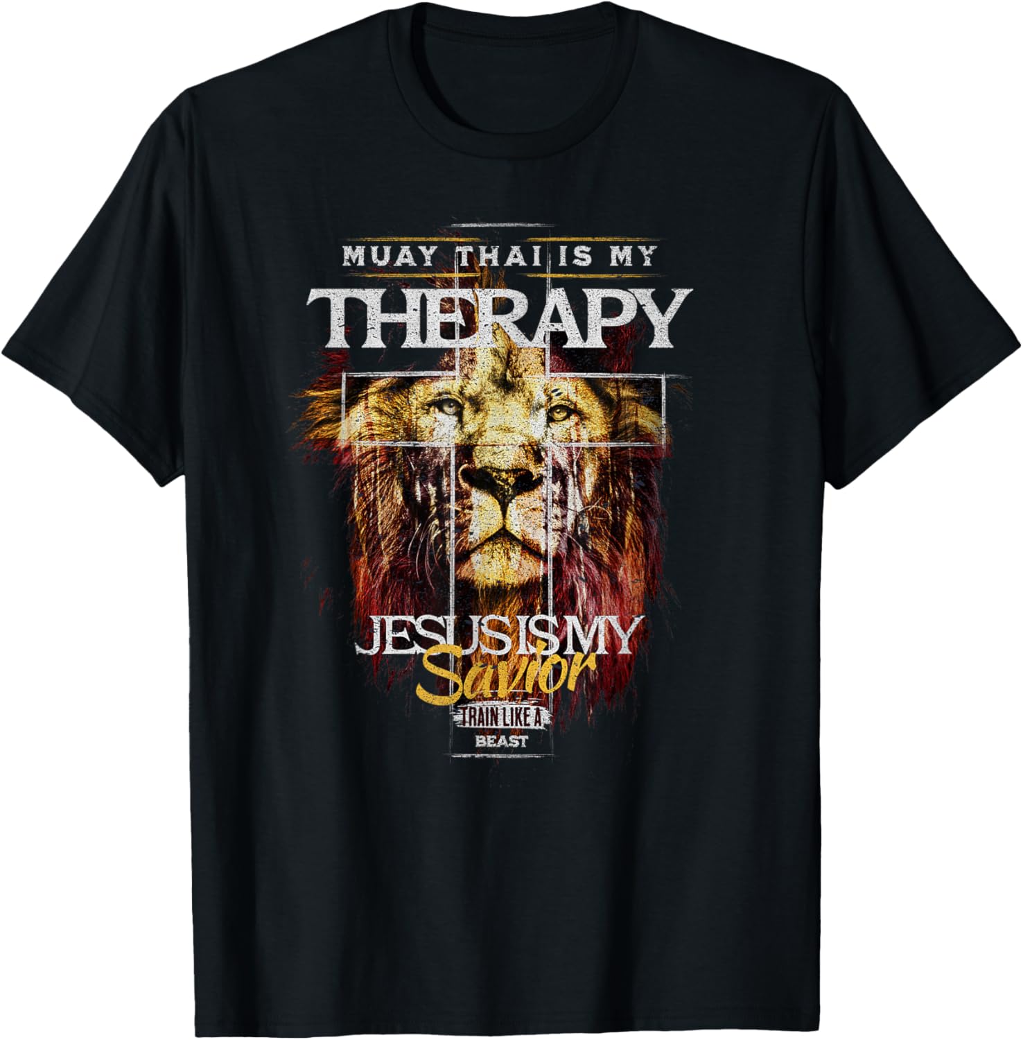 Muay Thai Is My Therapy :: Jesus My Savior MMA Fighter Lion T-Shirt - T-Shirt | Black