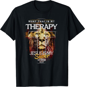 Muay Thai Is My Therapy :: Jesus My Savior MMA Fighter Lion T-Shirt - T-Shirt | Black
