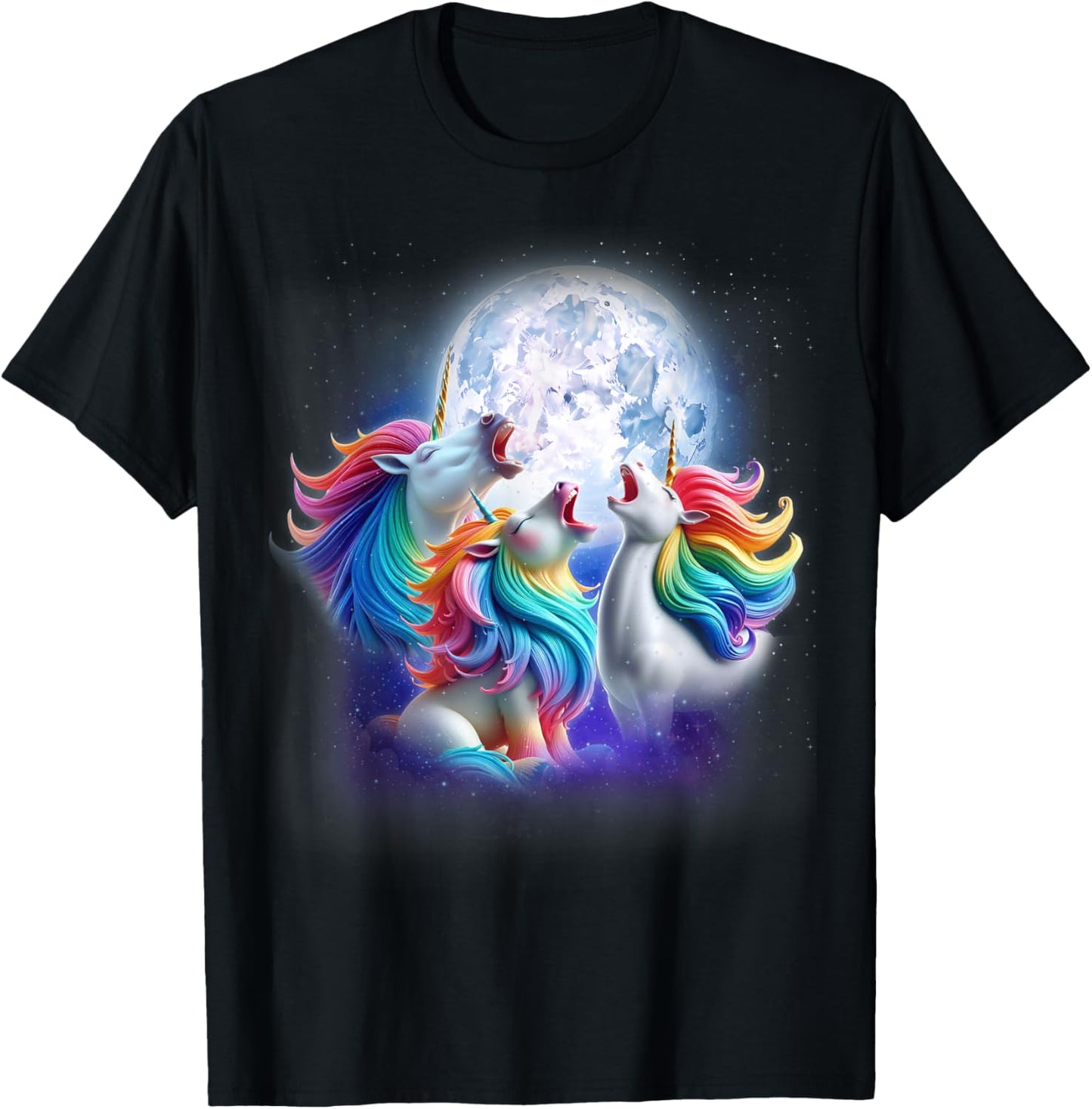 3 Unicorns Howling At The Moon Funny Mythical Unicorn Lover T-Shirt - T-Shirt | Black