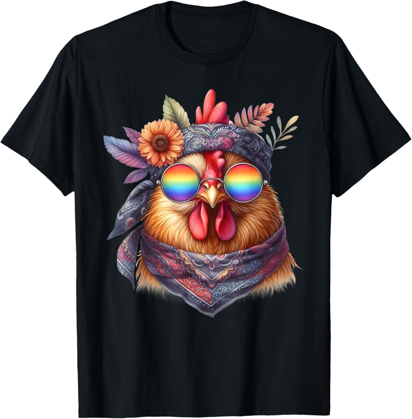 Cute Hippie Chicken with Glasses and Bandana T-Shirt - T-Shirt | Black