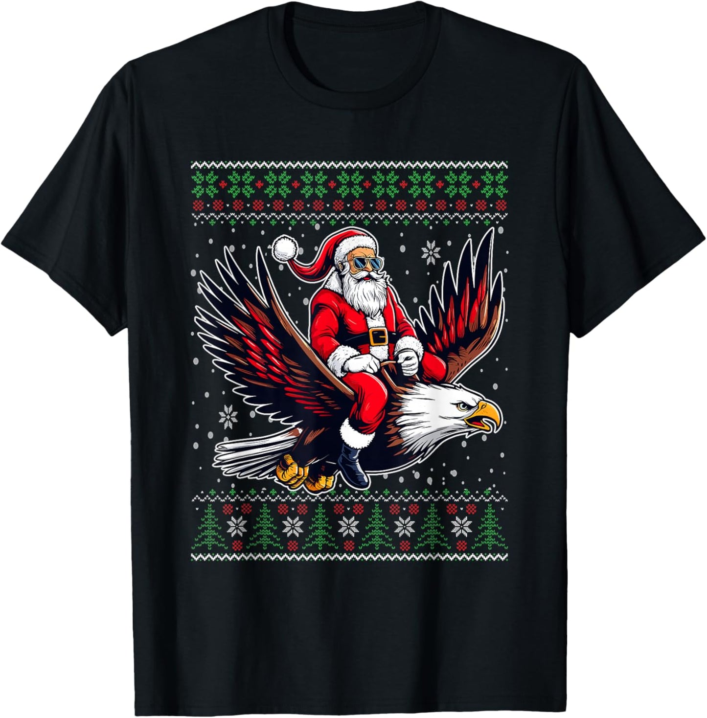 Christmas Santa Riding Eagle Ugly Christmas Sweater T-Shirt - T-Shirt | Black