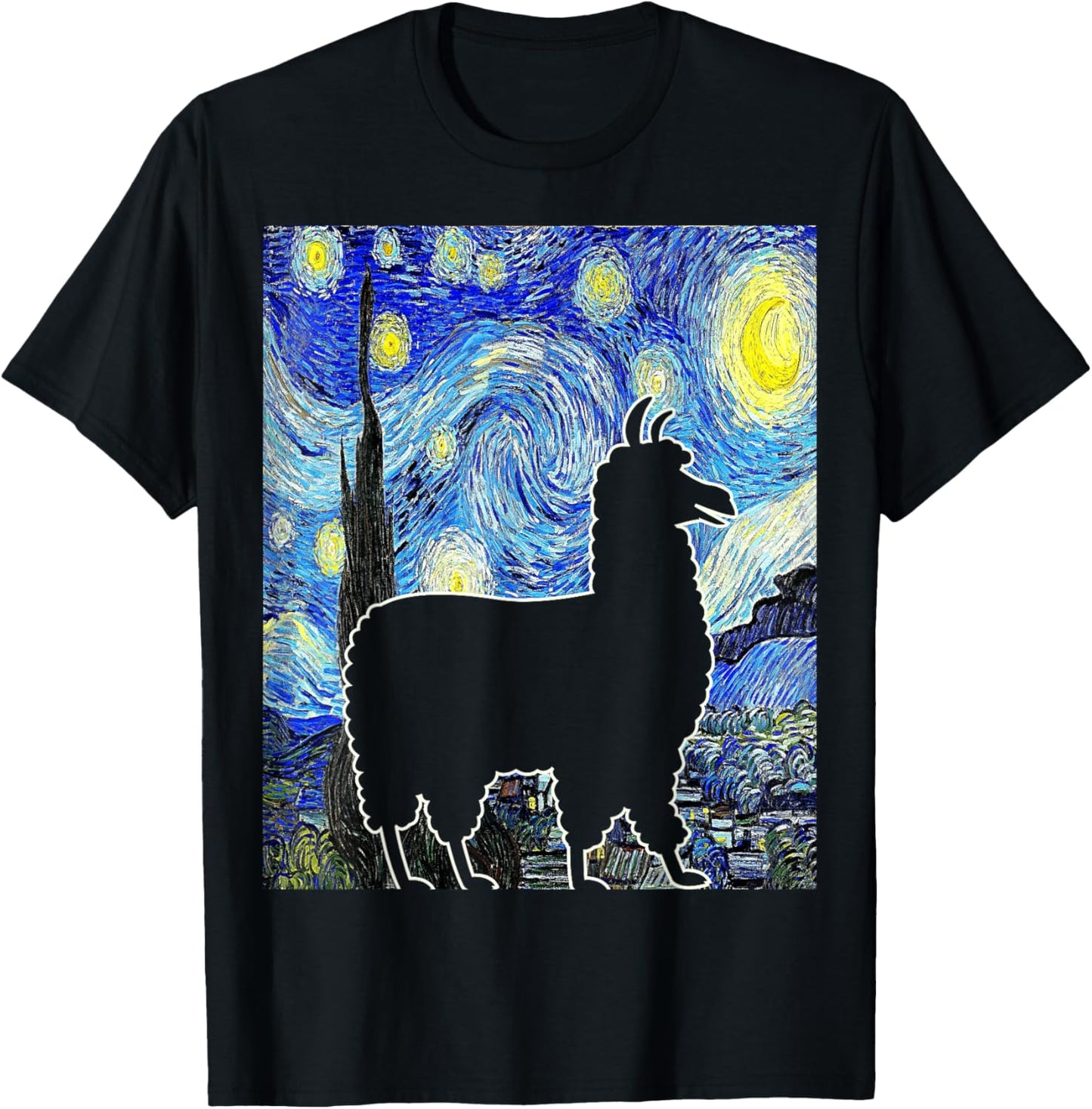 Llama Starry Night Alpaca Van Gogh Llama Painting T-Shirt - T-Shirt | Black