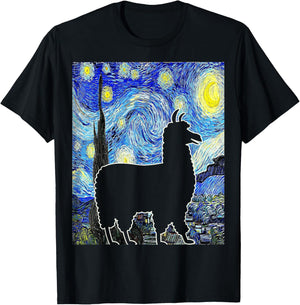 Llama Starry Night Alpaca Van Gogh Llama Painting T-Shirt - T-Shirt | Black
