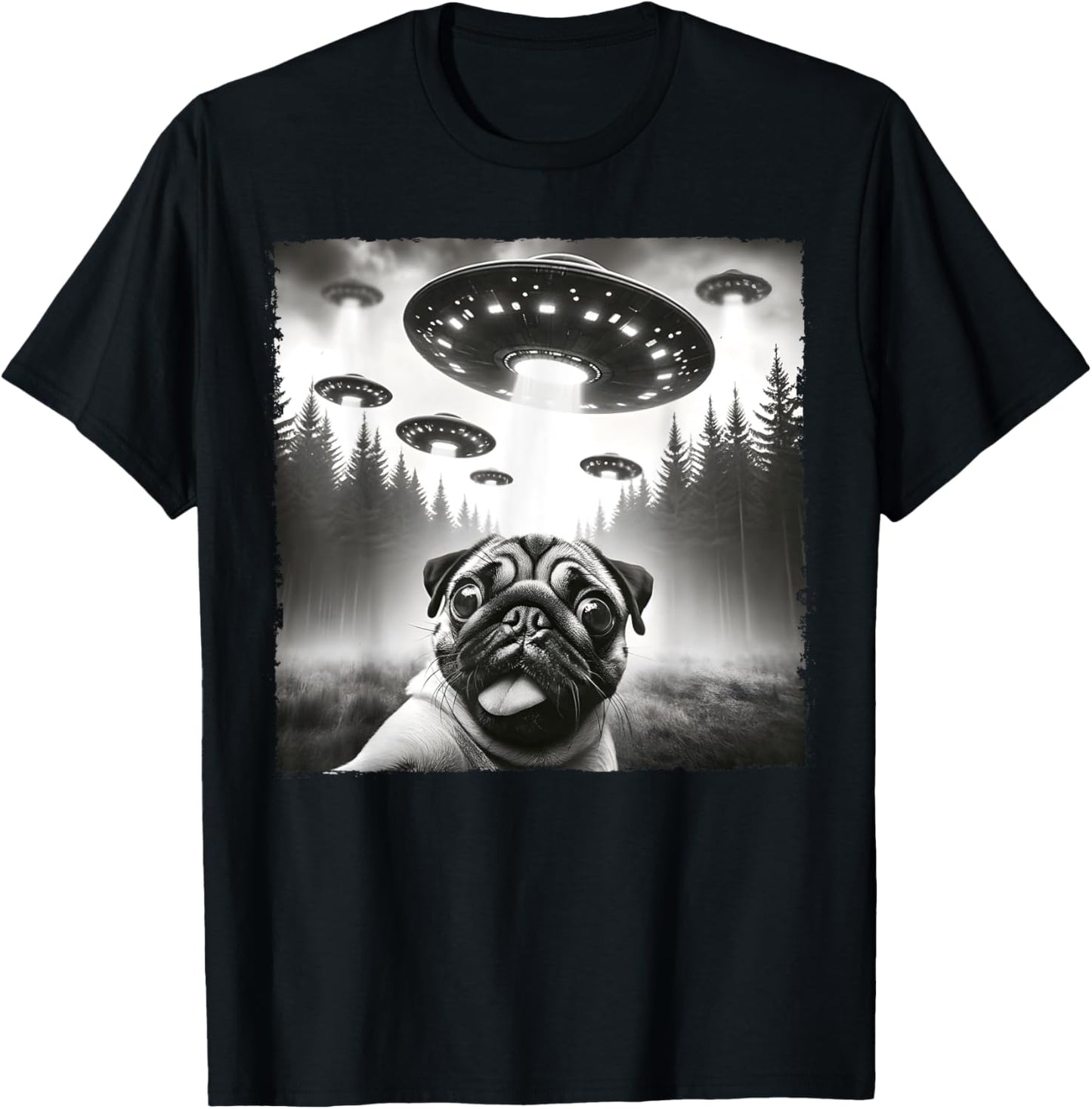 Funny Meme Pug UFO Retro Alien Pug Dog UFO Selfie Invasion T-Shirt - T-Shirt | Black