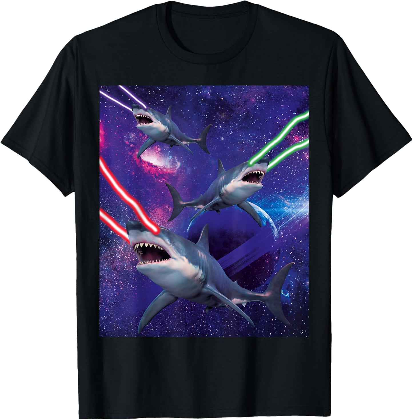 Galactic Space Sharks Attack With Lasers Funny Shark T-Shirt - T-Shirt | Black