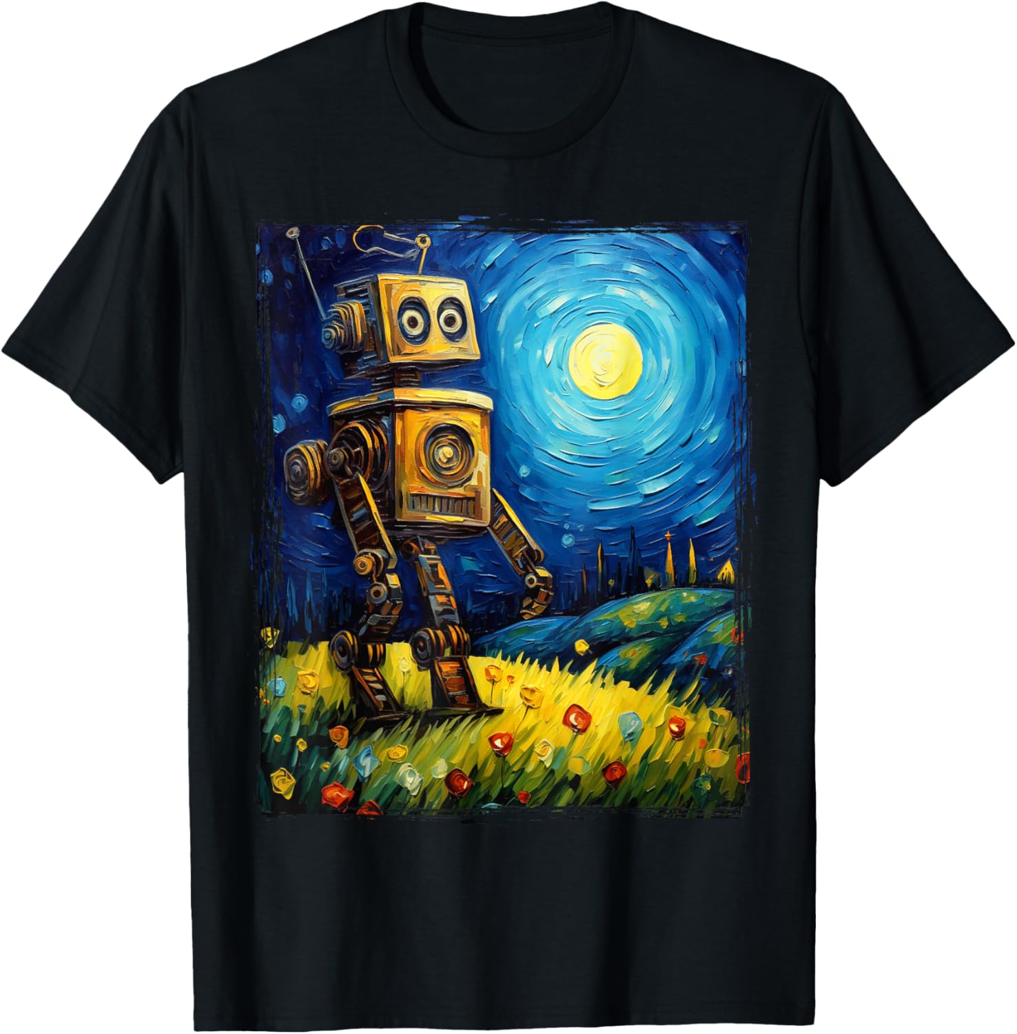 Vintage Robot Art Van Gogh Toy Robot Builder Robotics T-Shirt - T-Shirt | Black