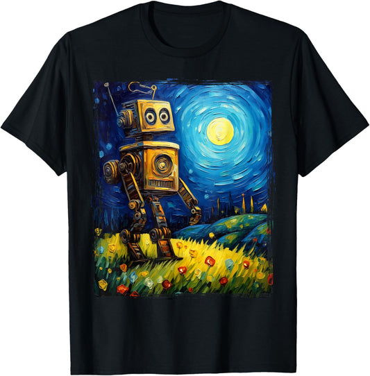 Vintage Robot Art Van Gogh Toy Robot Builder Robotics T-Shirt - T-Shirt | Black