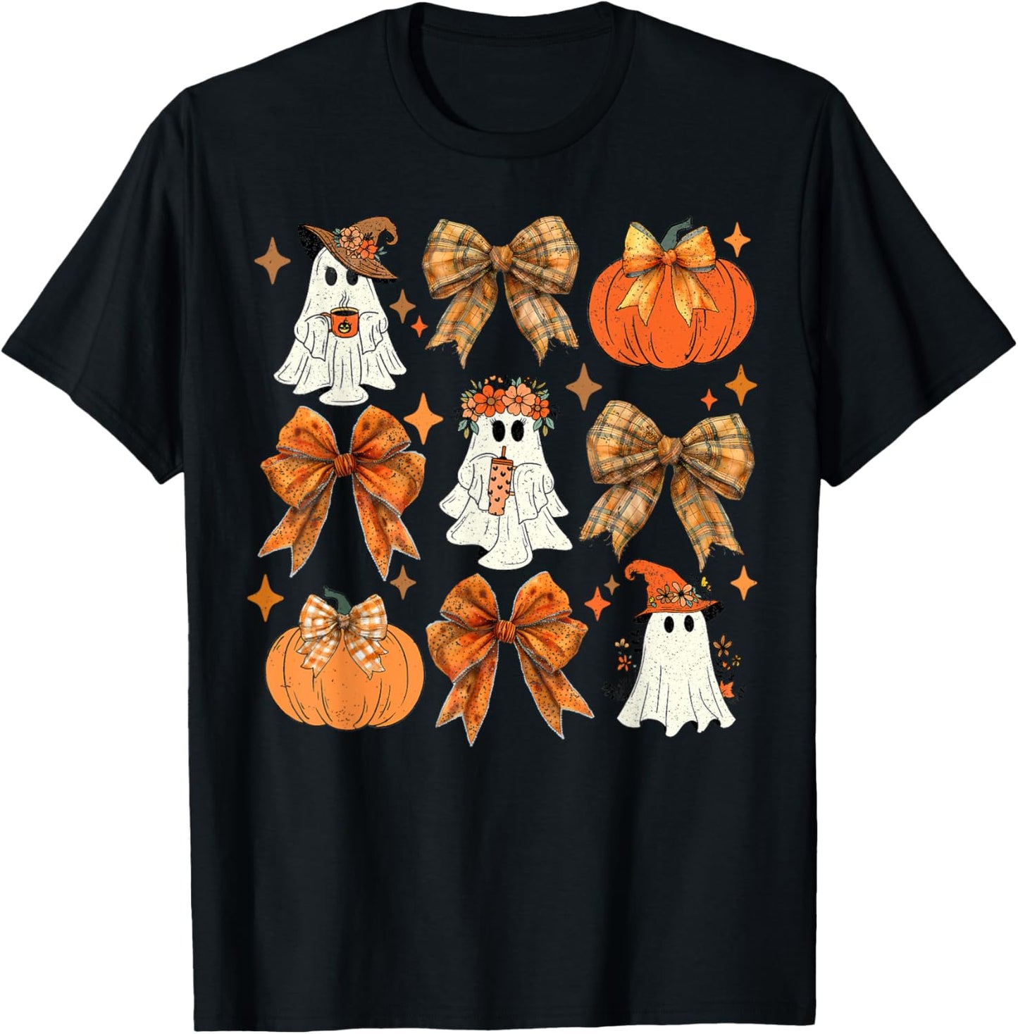 Funny Halloween Fall Coquette Bow Pumpkin Cute Ghost Costume T-Shirt - T-Shirt | Black