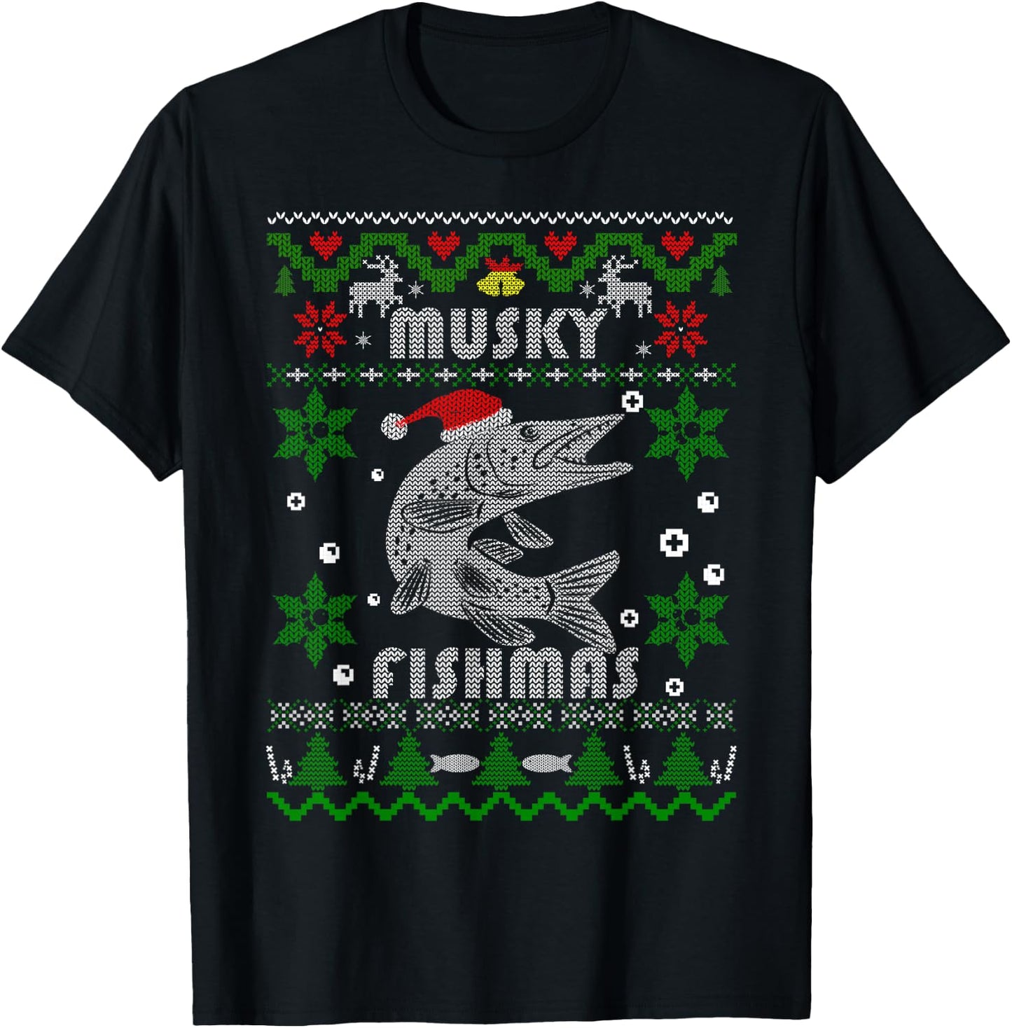 Muskie Angler Fishmas Musky Fishing Gifts Ugly Christmas T-Shirt - T-Shirt | Black