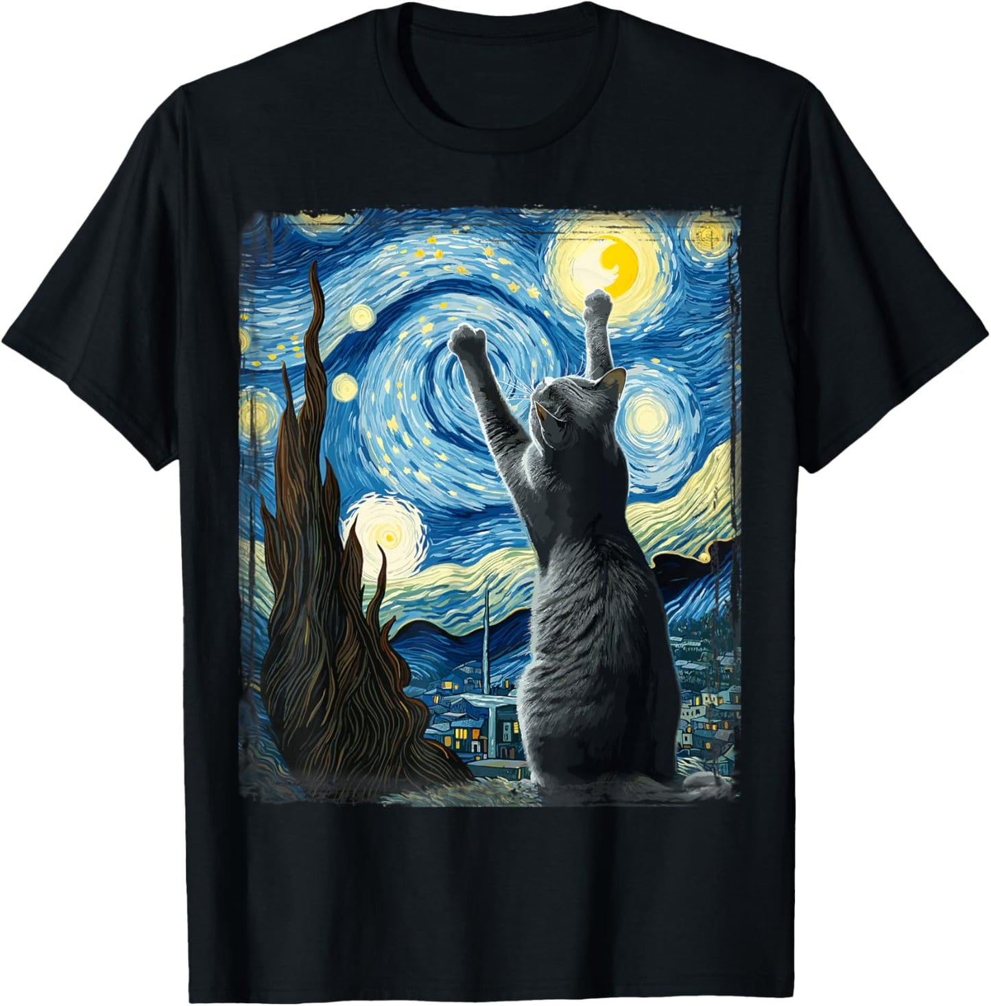 Van Gogh Starry Night Style Artistic Russian Blue Cat T-Shirt - T-Shirt | Black