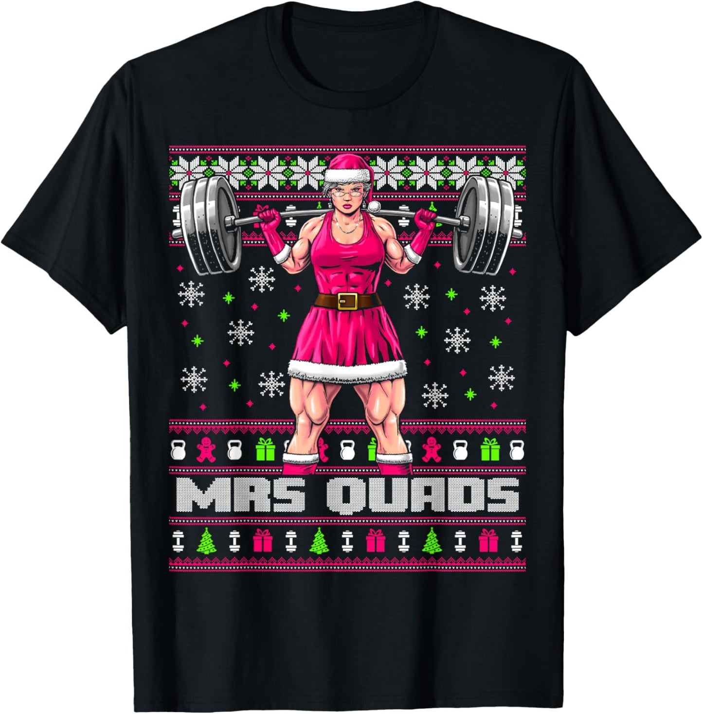Mrs. Quads Funny Gym Ugly Christmas Sweater Women Cute Pink T-Shirt - T-Shirt | Black