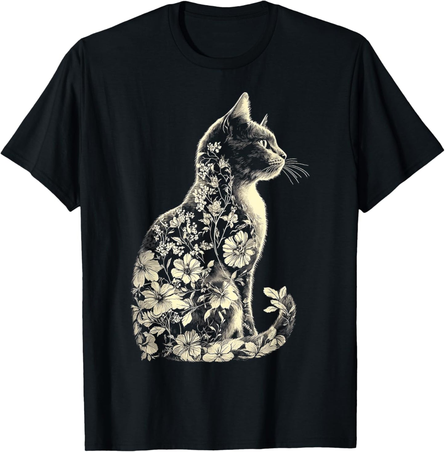 Chat Fleurs Abstrait Illustration Motif Animal Print Art Chat T-Shirt - T-Shirt | Black