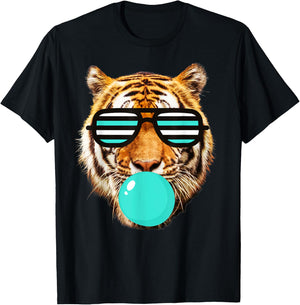 Turquoise bubble Gum tiger Stripe Cute Tiger with Sunglasses T-Shirt - T-Shirt | Black