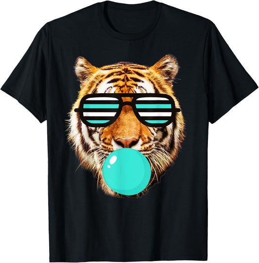 Turquoise bubble Gum tiger Stripe Cute Tiger with Sunglasses T-Shirt - T-Shirt | Black