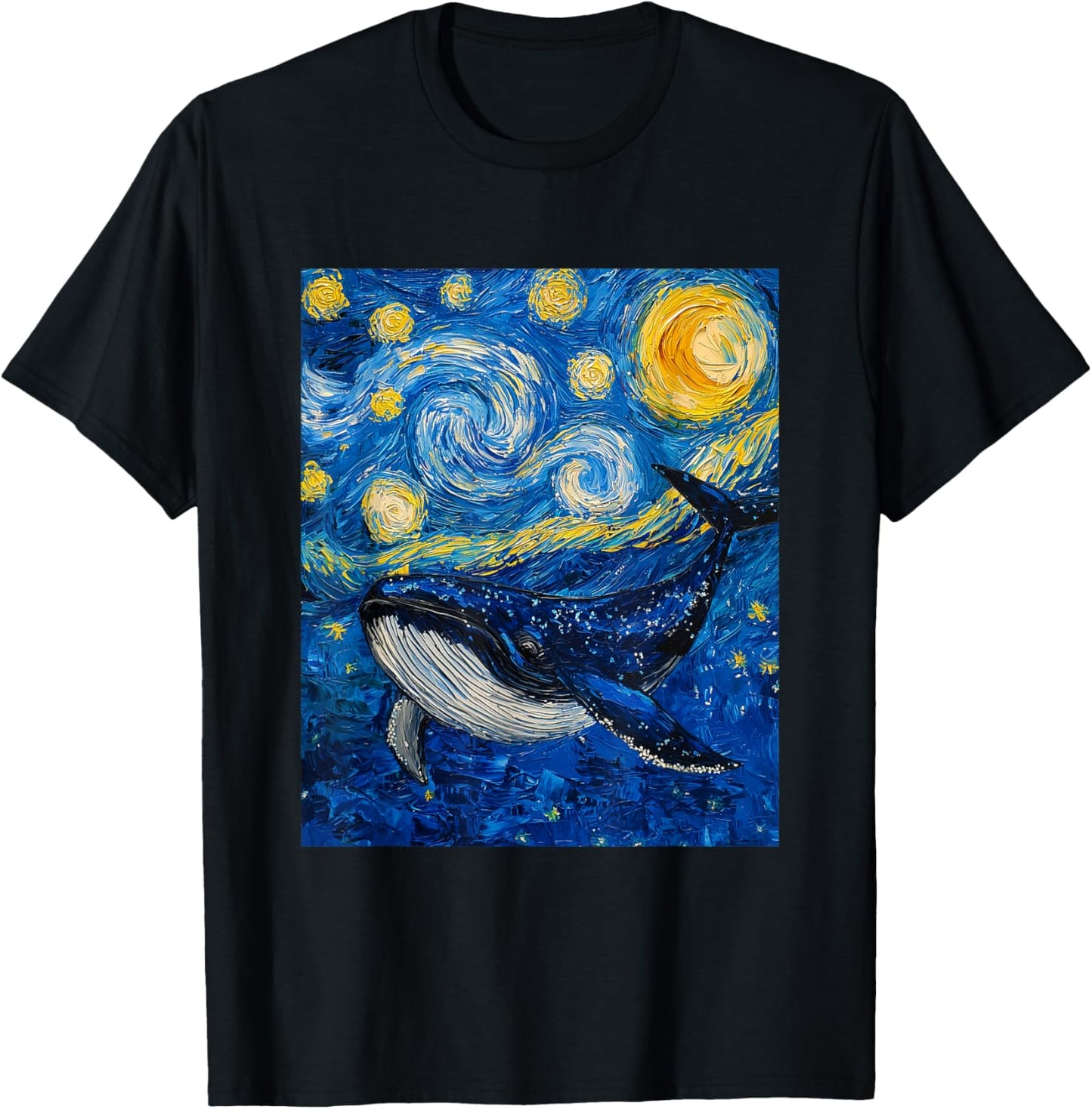 Whale Fish Van Gogh Style Starry Night Sea Graphic T-Shirt - T-Shirt | Black