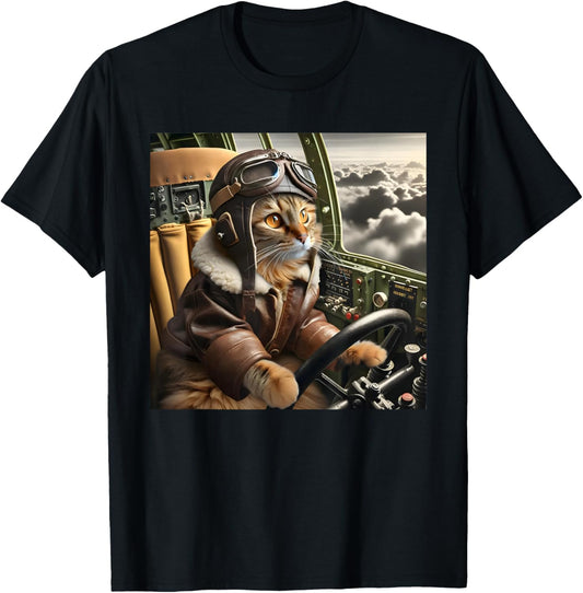 Vintage Cat Pilot - Cat pilots a cool fighter plane. T-Shirt - T-Shirt | Black