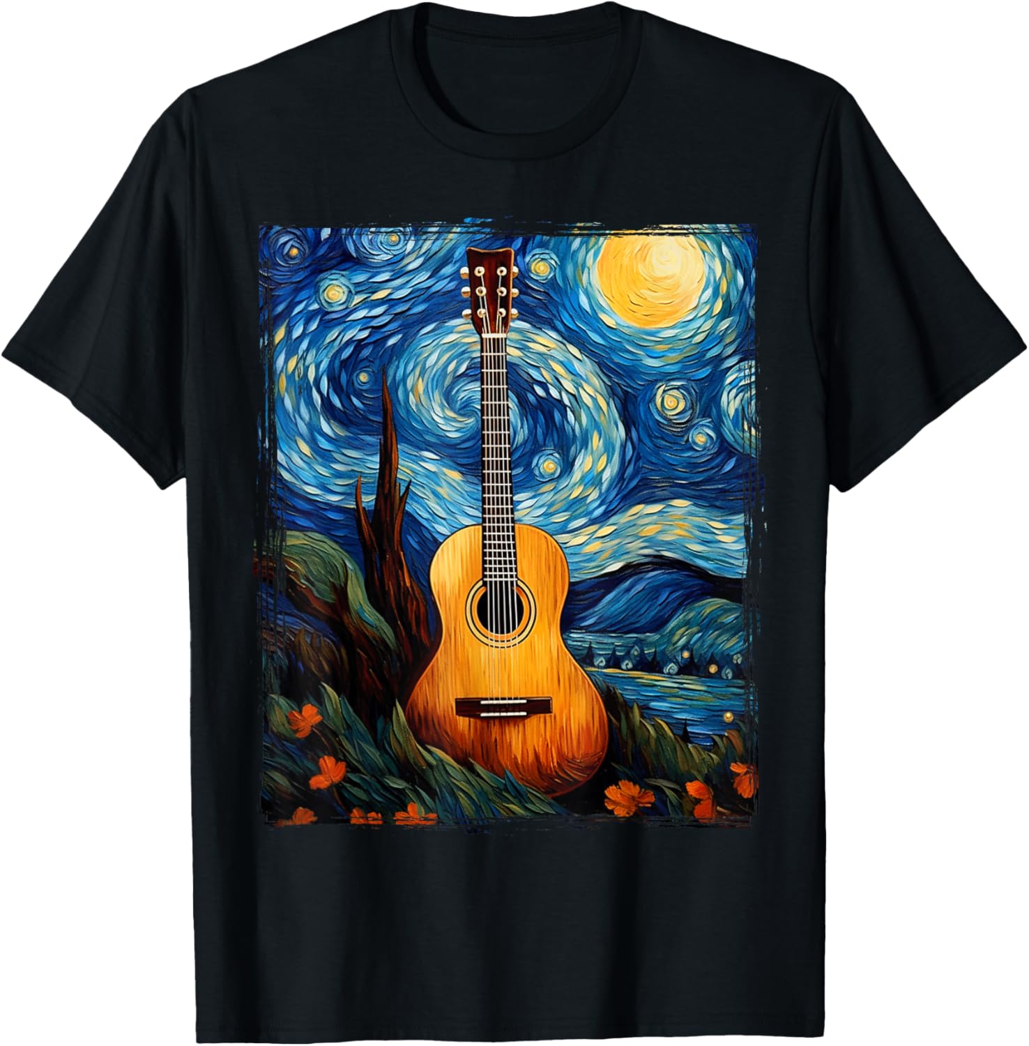 Acoustic Guitar Funny Art Van Gogh music instrument T-Shirt - T-Shirt | Black