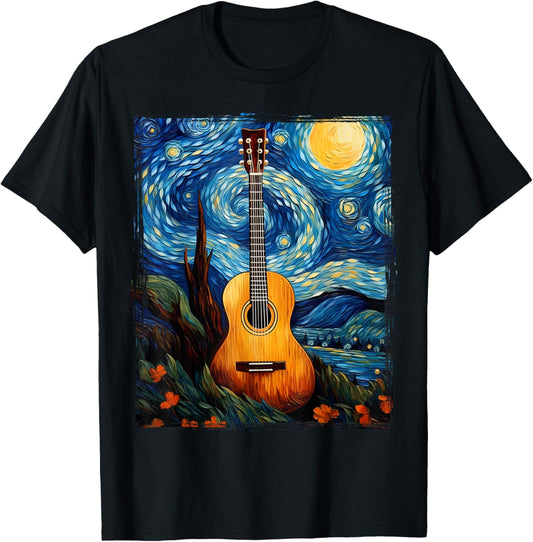 Acoustic Guitar Funny Art Van Gogh music instrument T-Shirt - T-Shirt | Black