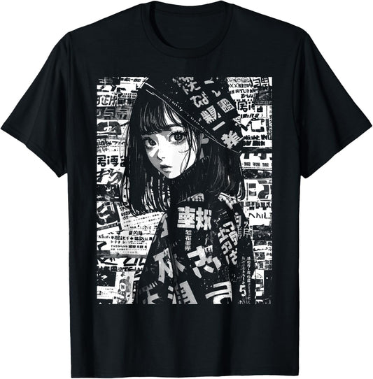 80s 90s Anime Manga Girl Kawaii Grunge Streetwear Harajuku T-Shirt - T-Shirt | Black