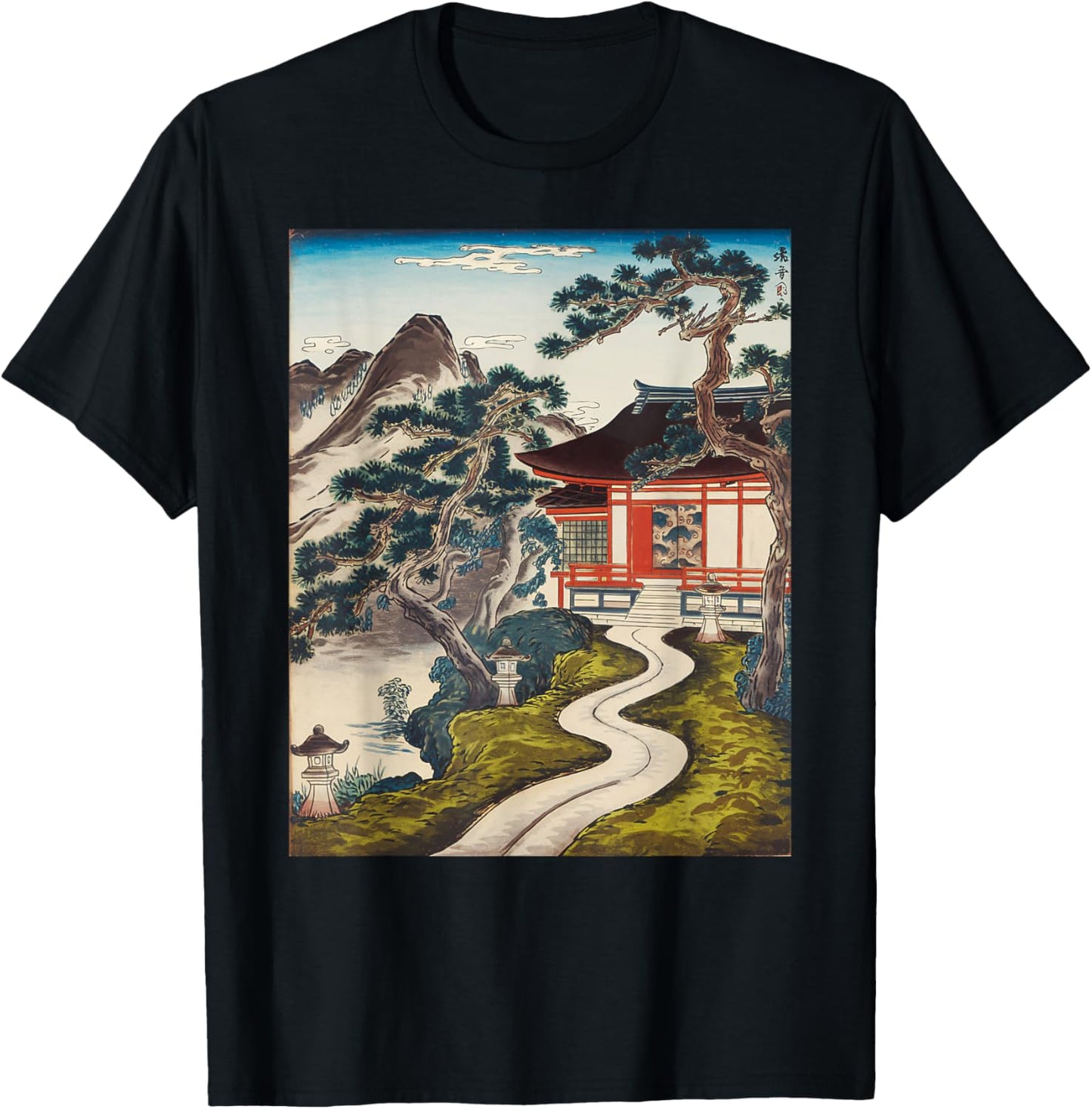 Japanese Buddhist Temple Zen Art Japanese Painting Vintage T-Shirt - T-Shirt | Black