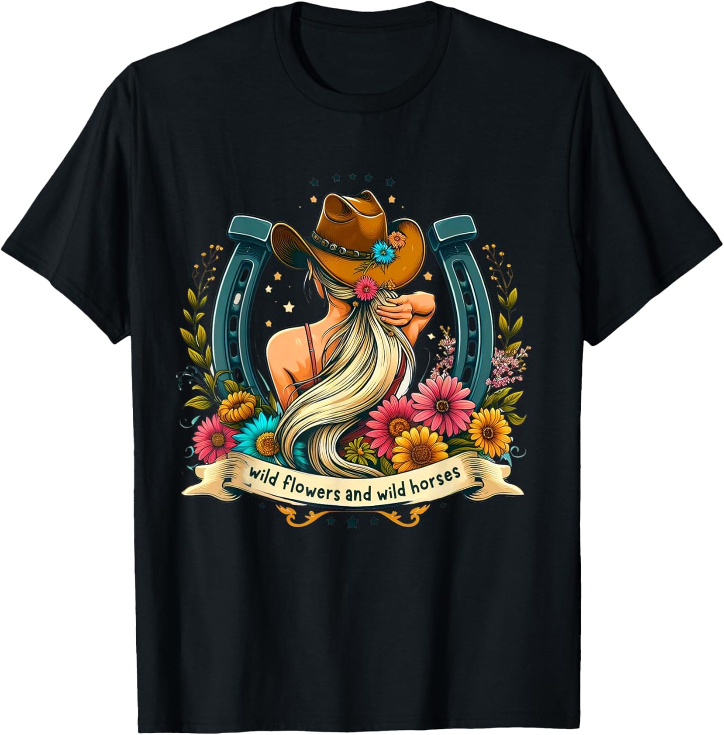 Retro Southern Sunset Cowgirl Wild Flowers - Wild Horses T-Shirt - T-Shirt | Black