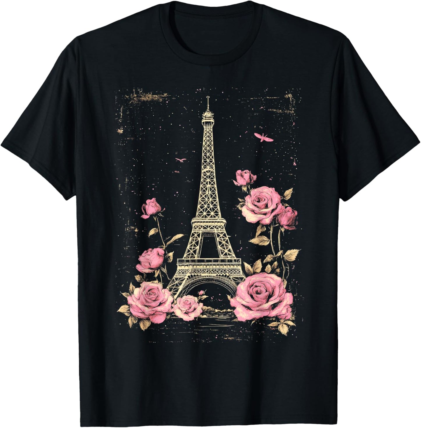 Vintage Paris Eiffel Tower Witn Pink Roses Floral T-Shirt - T-Shirt | Black
