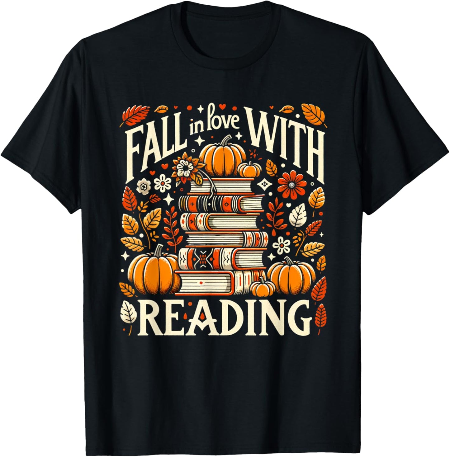 Fall In Love With Reading Book Autumn Pumpkins And Teachers T-Shirt - T-Shirt | Black