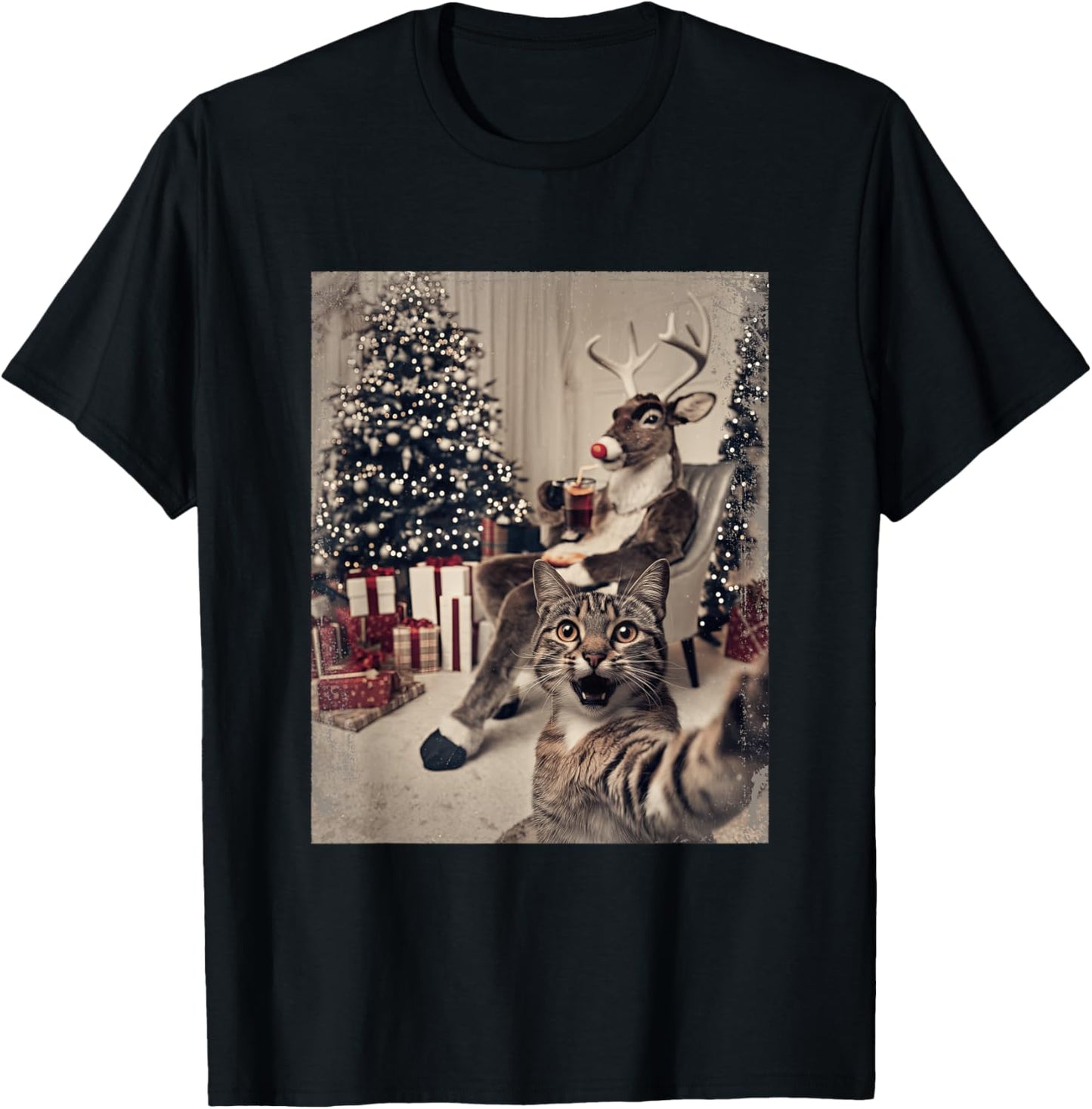 Funny Xmas Cat Selfie Reindeer Ugly Sweater Christmas Outfit T-Shirt - T-Shirt | Black
