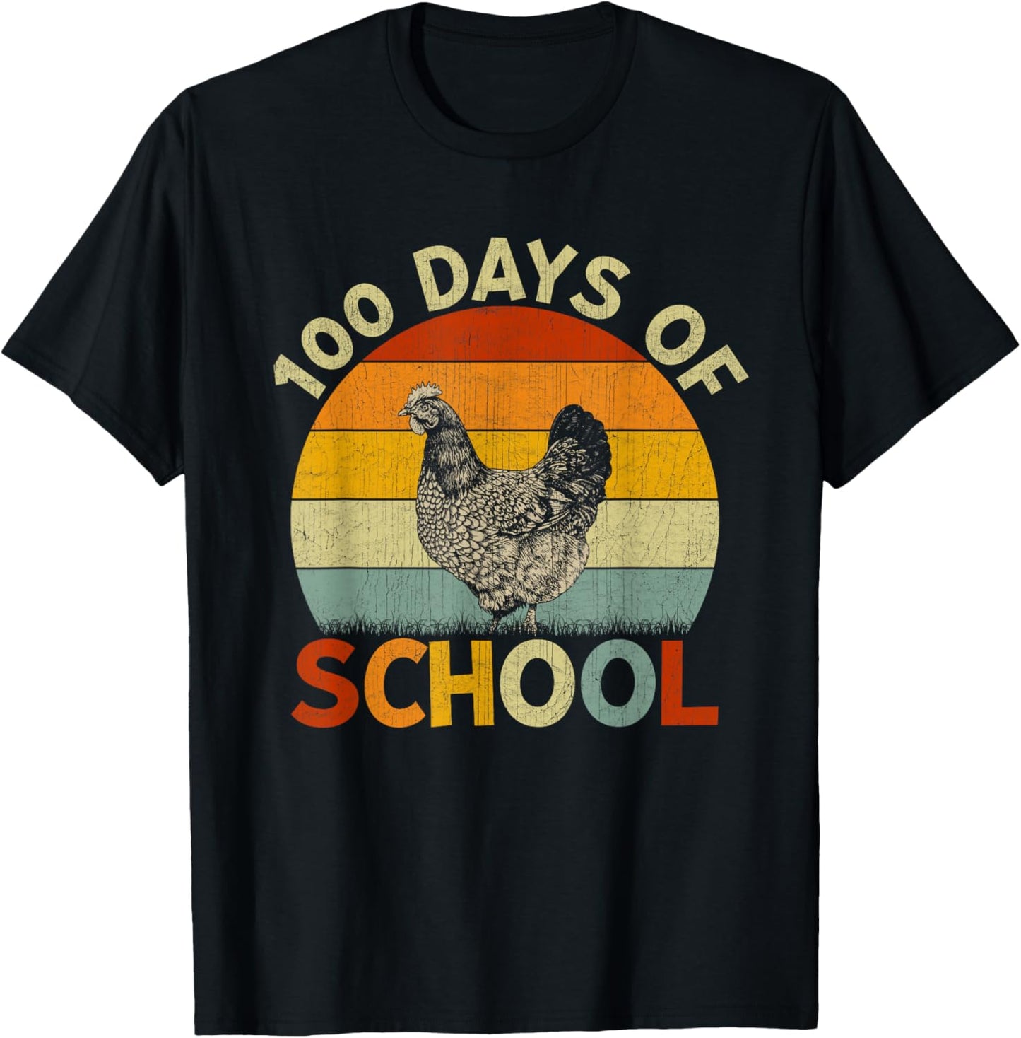 Chicken Retro Boys Girls Teachers 100th Day of School T-Shirt - T-Shirt | Black