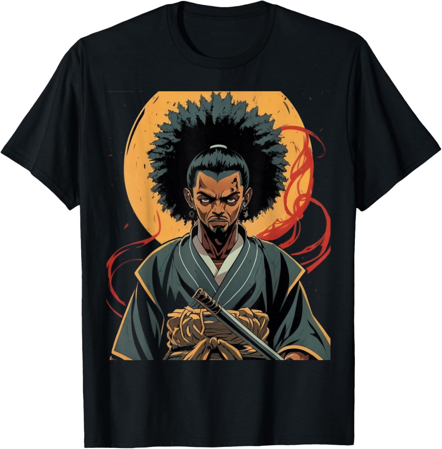 Afro American Samurai Anime Cartoon Japanese Bushido Warrior T-Shirt - T-Shirt | Black