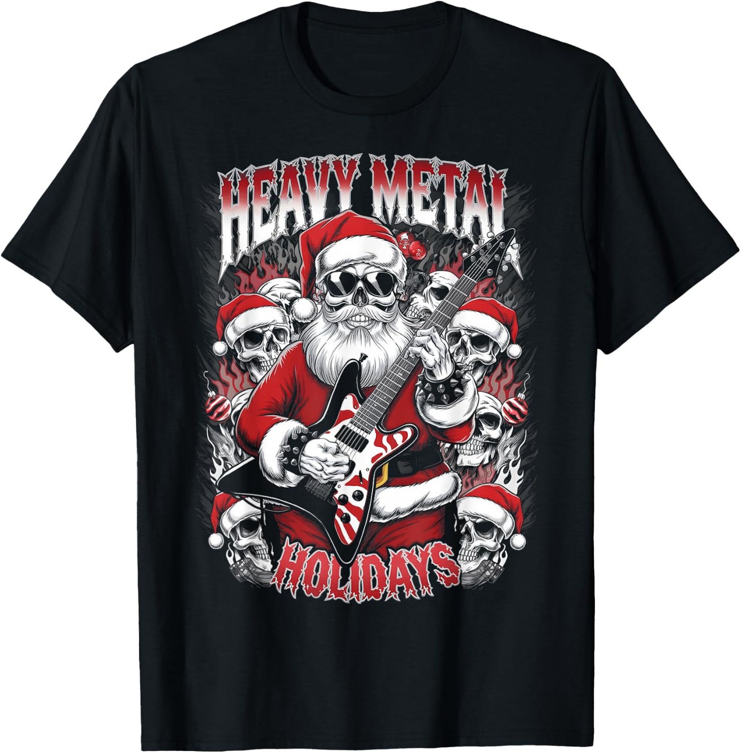 Heavy Metal Holidays Christmas Santa Metalhead Guitarist T-Shirt - T-Shirt | Black
