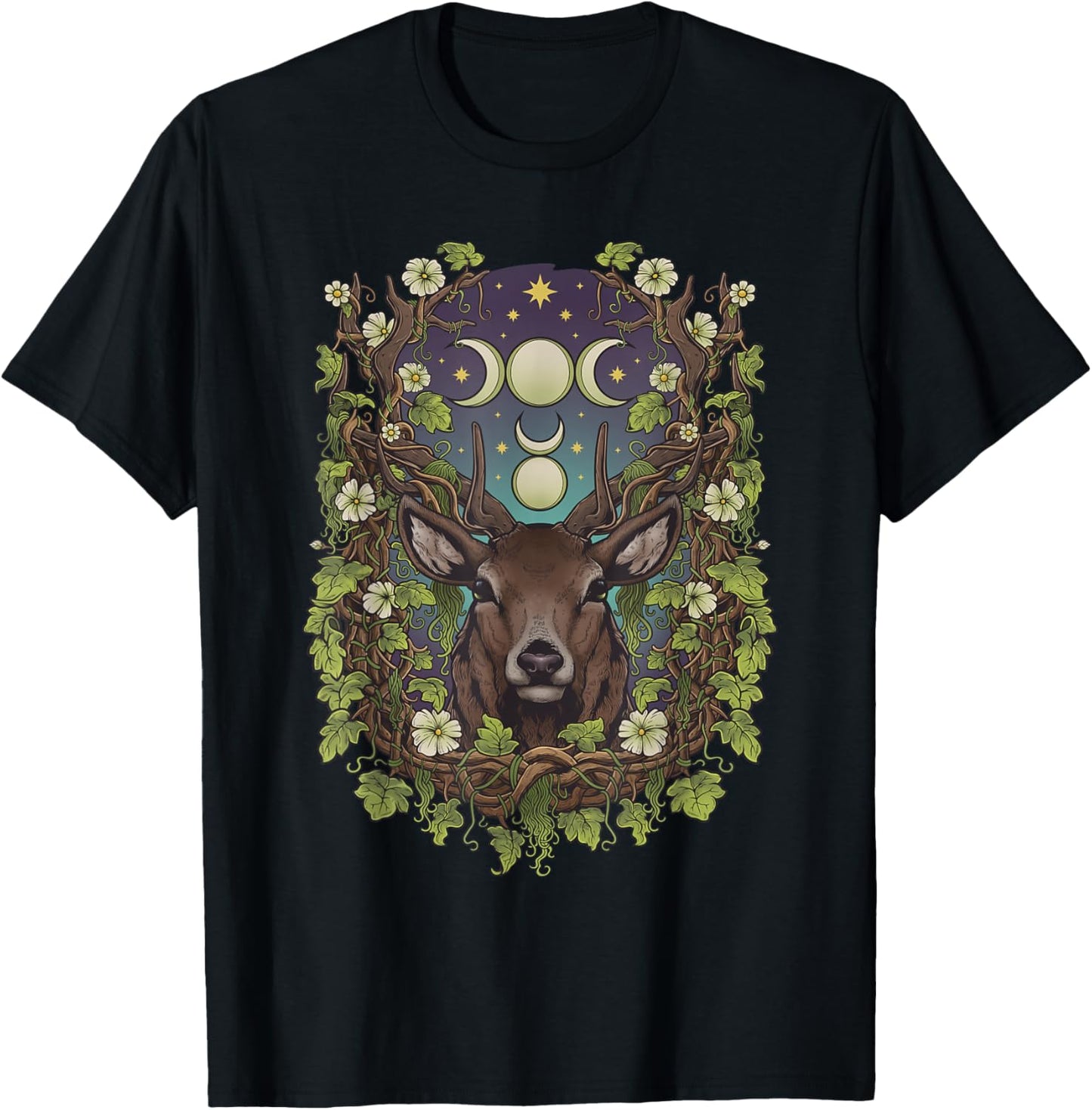 Art Nouveau Cernunnos Stag Bohemian Nature Moon Phases Wicca T-Shirt - T-Shirt | Black