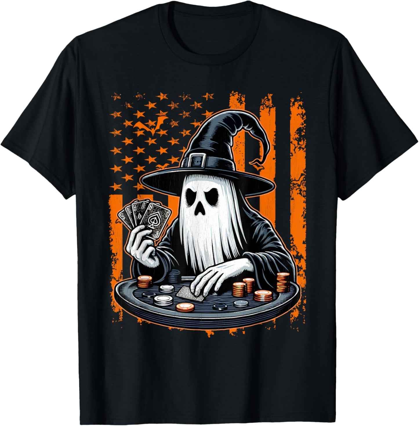Poker Ghost Halloween Scary Costume Poker Player USA Flag T-Shirt - T-Shirt | Black