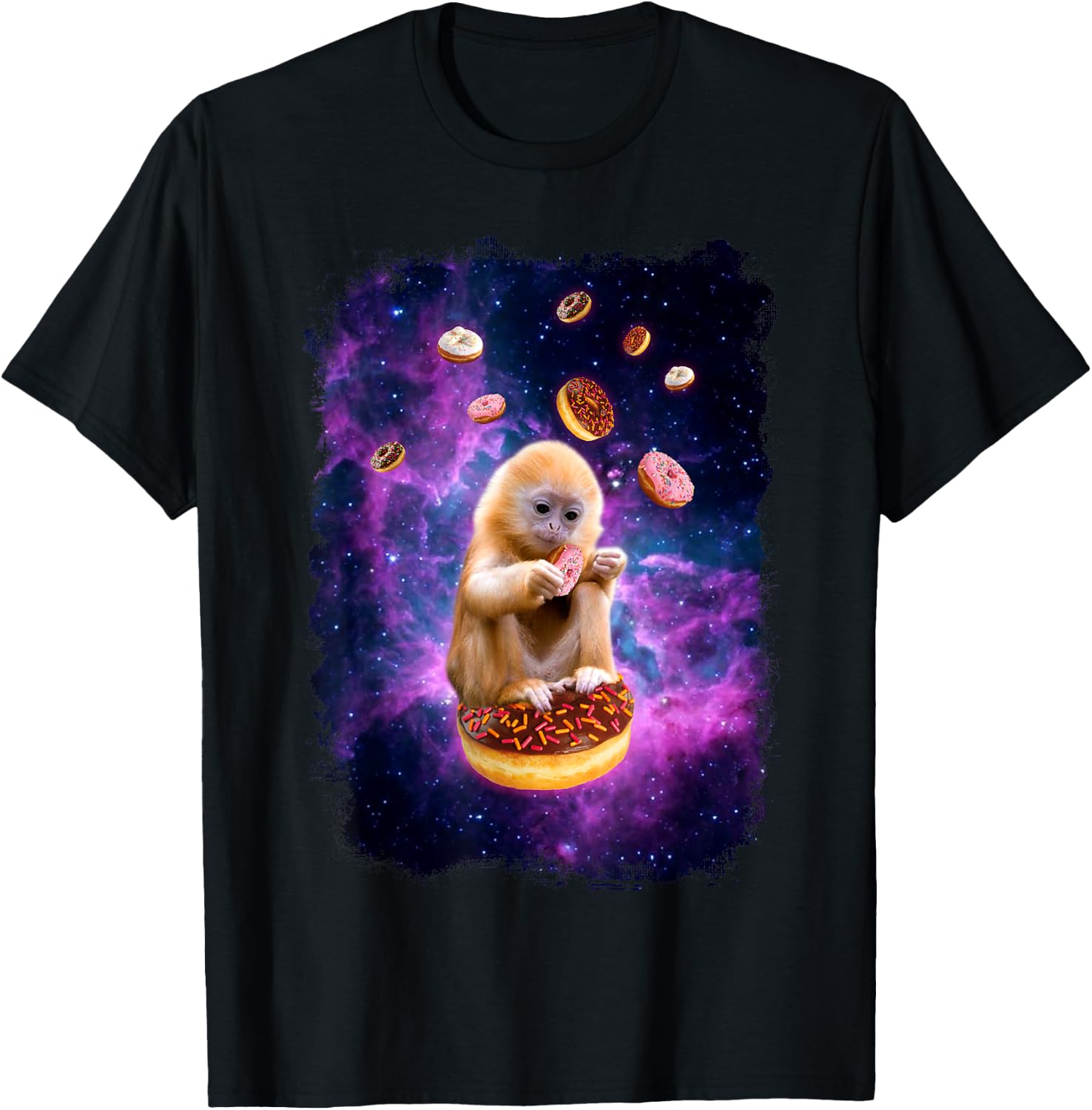 Monkey Eating Donuts in Space - Funny Animal Monkey T-Shirt - T-Shirt | Black