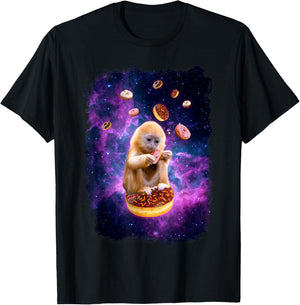 Monkey Eating Donuts in Space - Funny Animal Monkey T-Shirt - T-Shirt | Black
