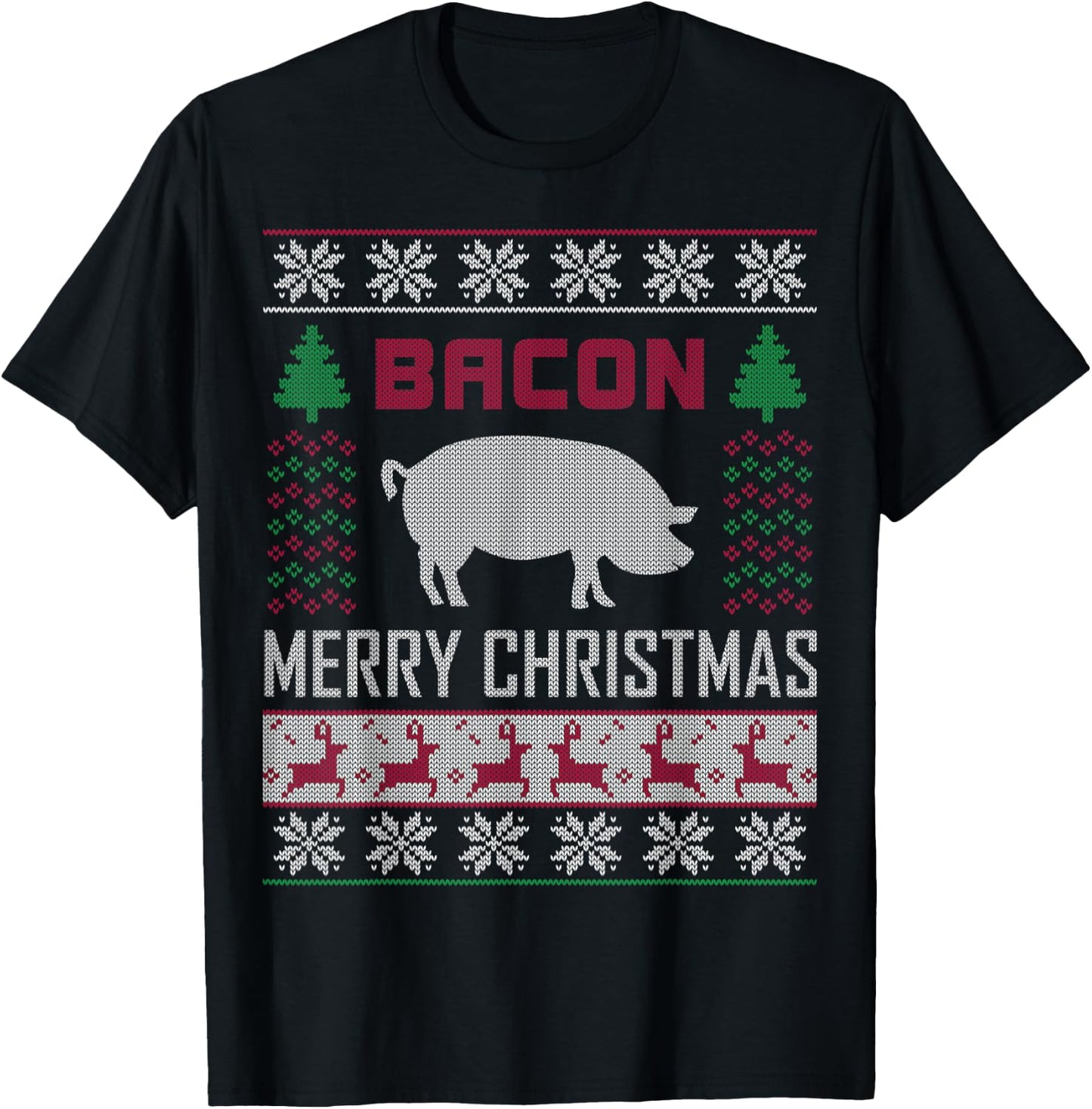 Bacon Pig Christmas Design Funny Holiday Ugly Sweater Style T-Shirt - T-Shirt | Black