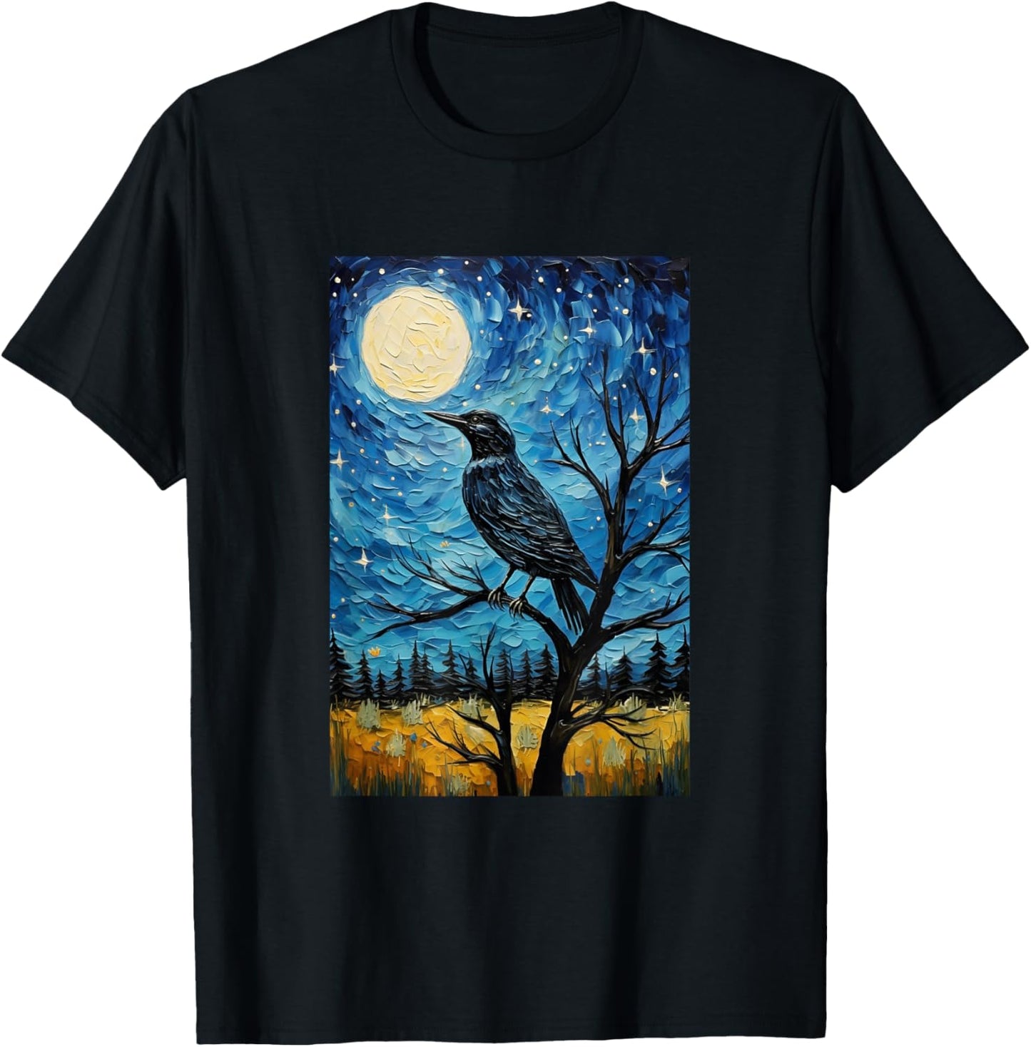 Magpie Crow Raven Bird - Van Gogh Style - Starry Night T-Shirt - T-Shirt | Black
