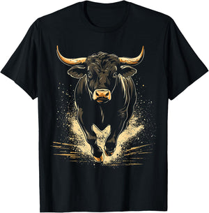 Bull Animal Motif Art Bull T-Shirt - T-Shirt | Black