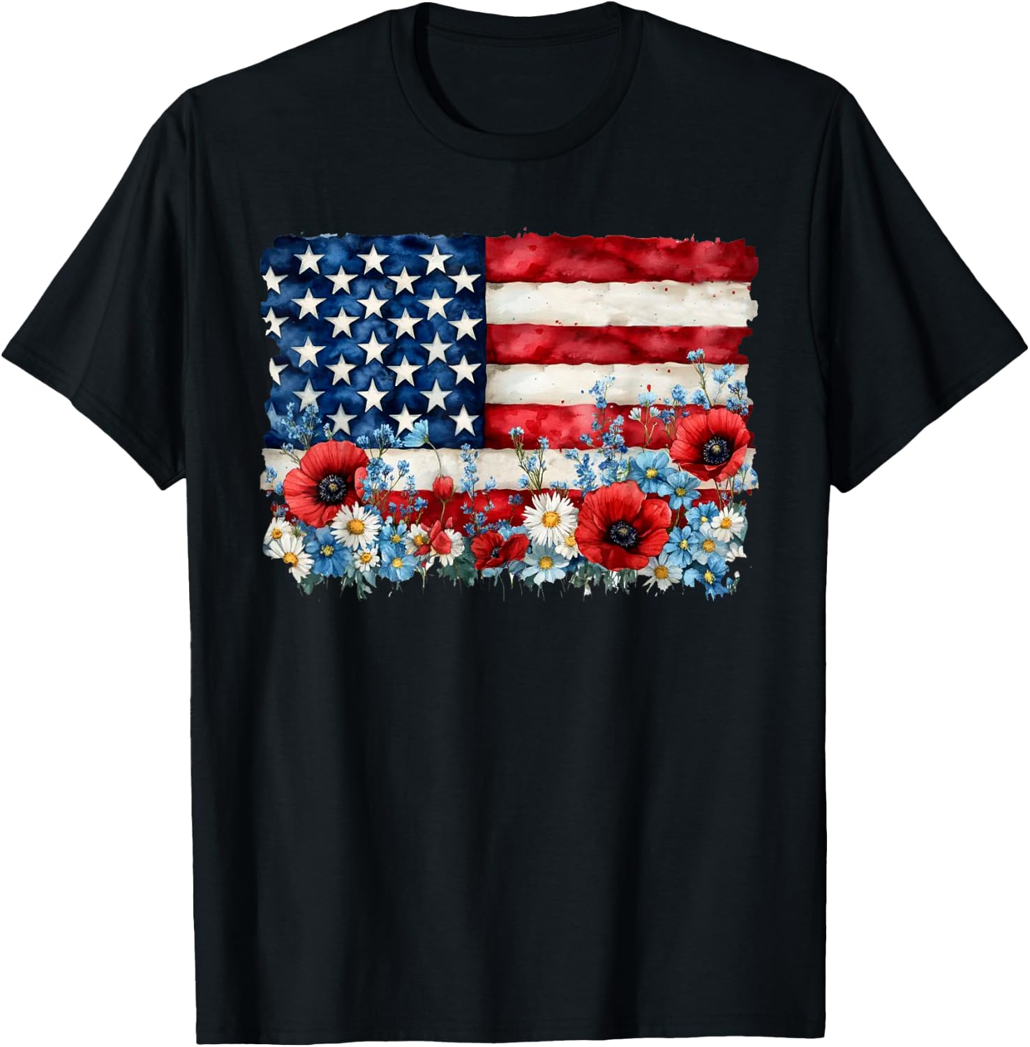 Retro Flower American Flag Women 4th Of July Patriotic T-Shirt - T-Shirt | Black