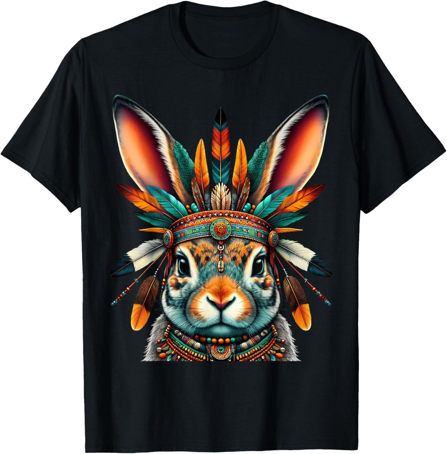 Native Indian Rabbit Native American Indian Feathers T-Shirt - T-Shirt | Black
