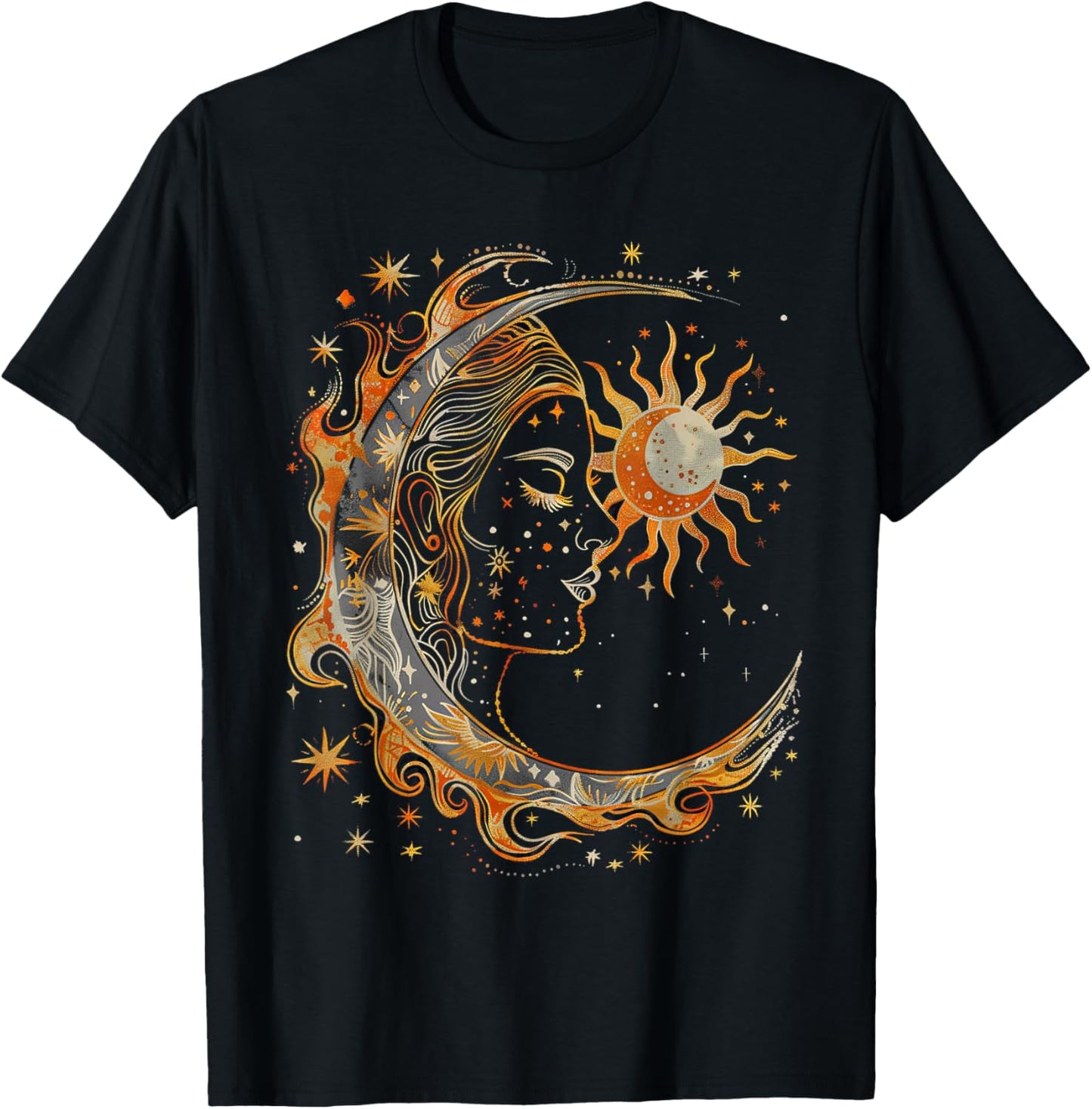 Mystic Sun and Moon Woman Mystical Flowers Aesthetic T-Shirt - T-Shirt | Black