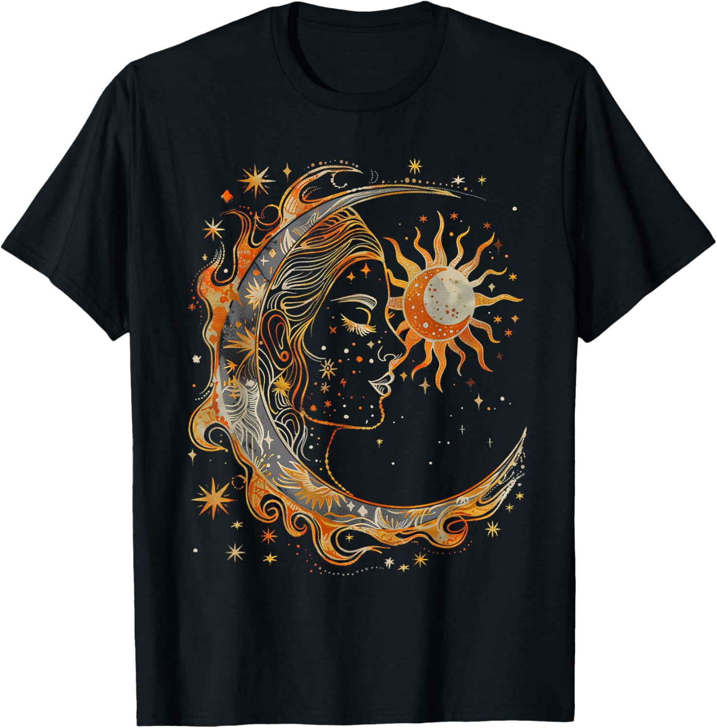 Mystic Sun and Moon Woman Mystical Flowers Aesthetic T-Shirt - T-Shirt | Black