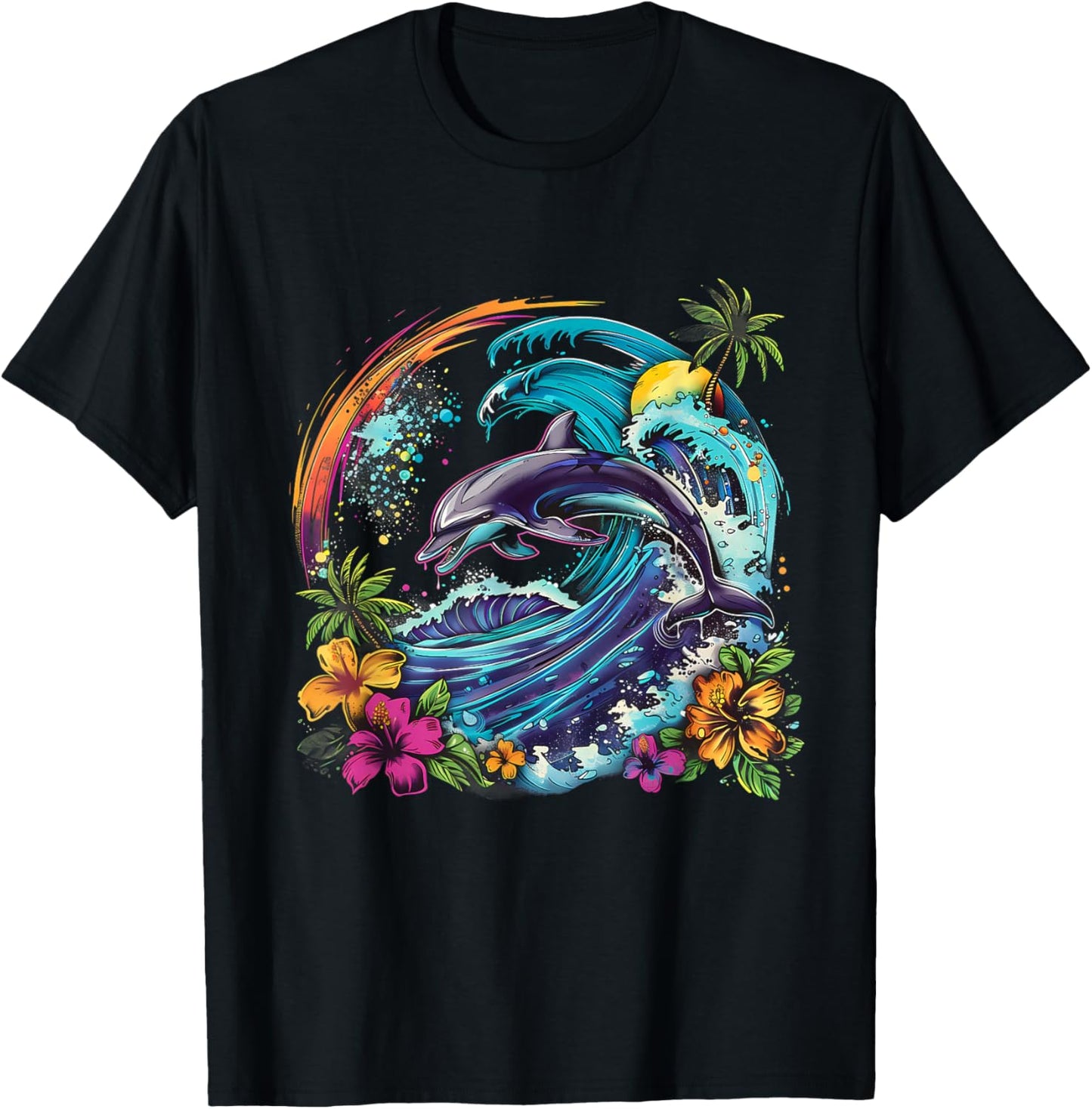 Sea Ocean Dolphin Motif Artwork Floral Sea Ocean Animal T-Shirt - T-Shirt | Black
