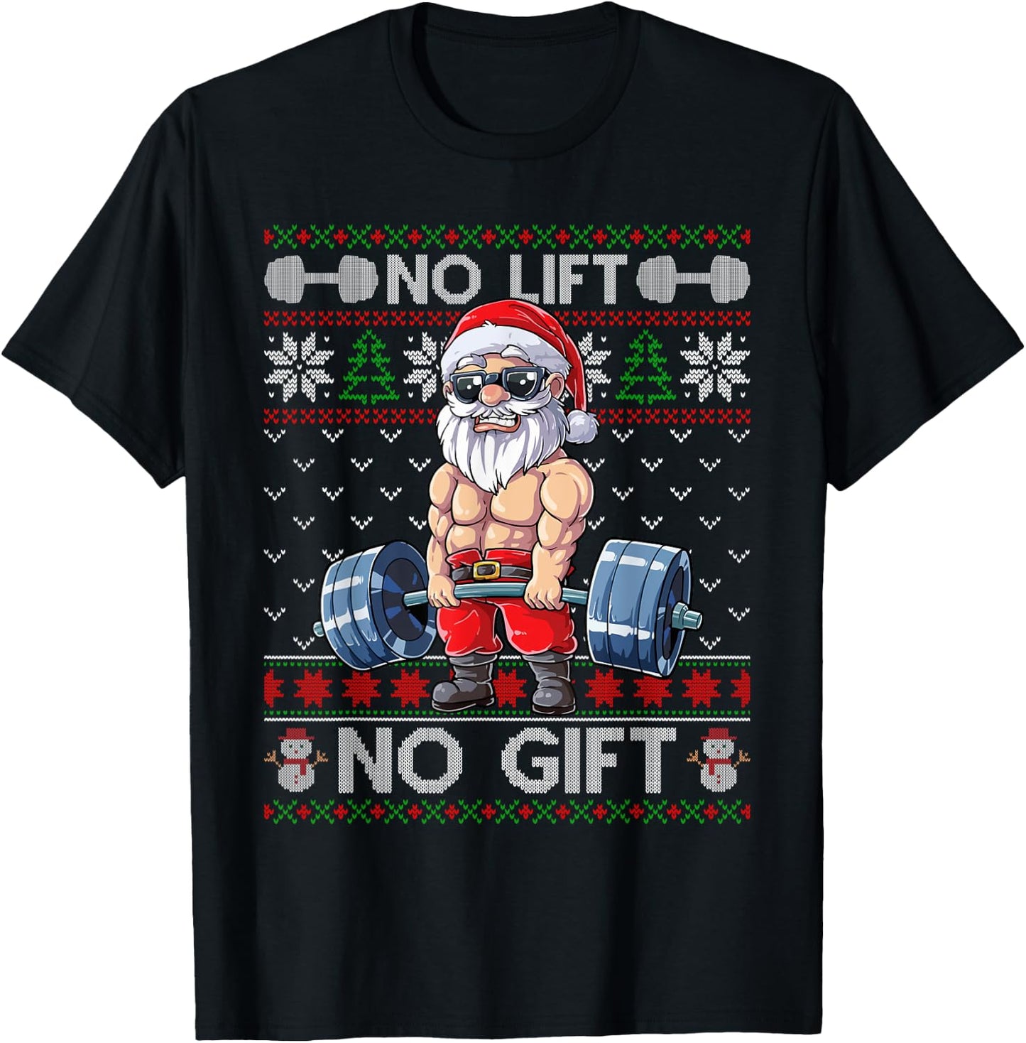 Funny Muscle Santa Lifting Christmas Ugly Christmas Sweater T-Shirt - T-Shirt | Black