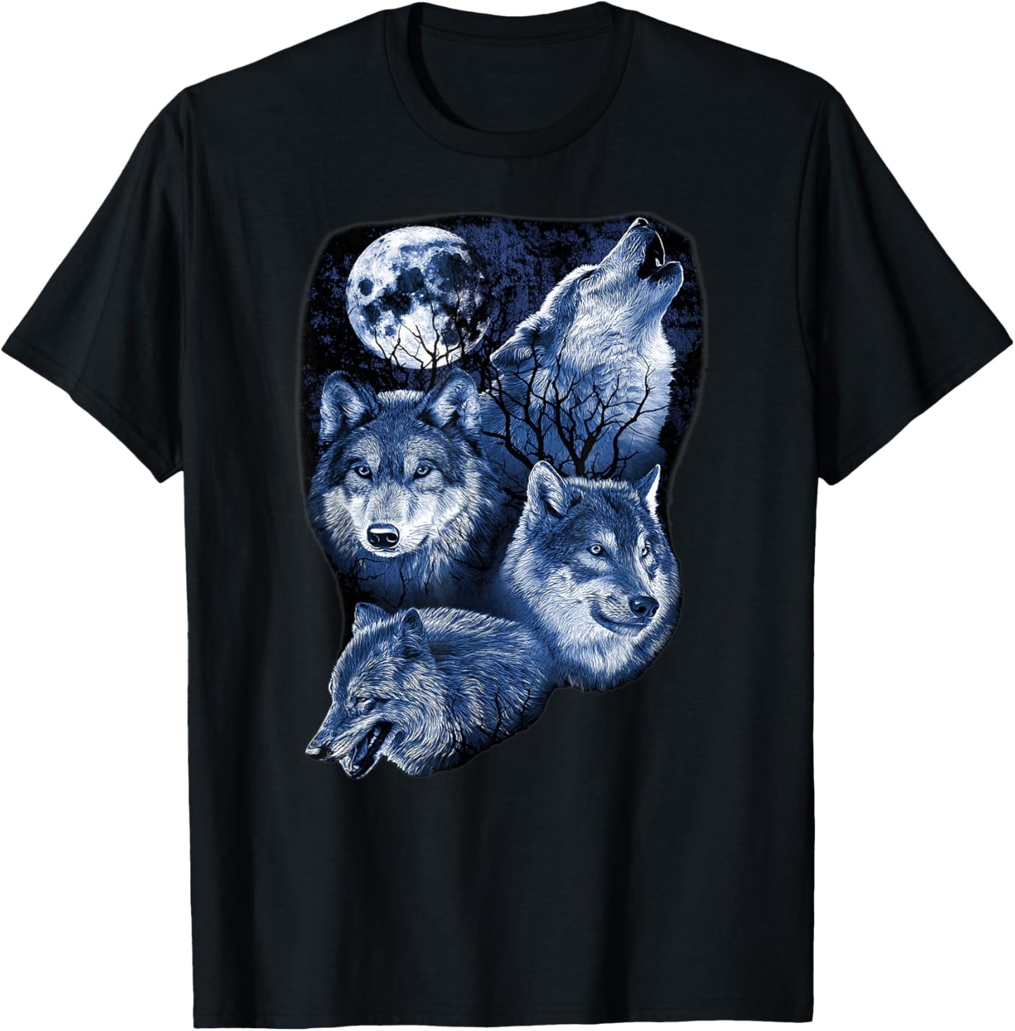 Four Wolfs Howling At The Moon Wolf Lover T-Shirt - T-Shirt | Black