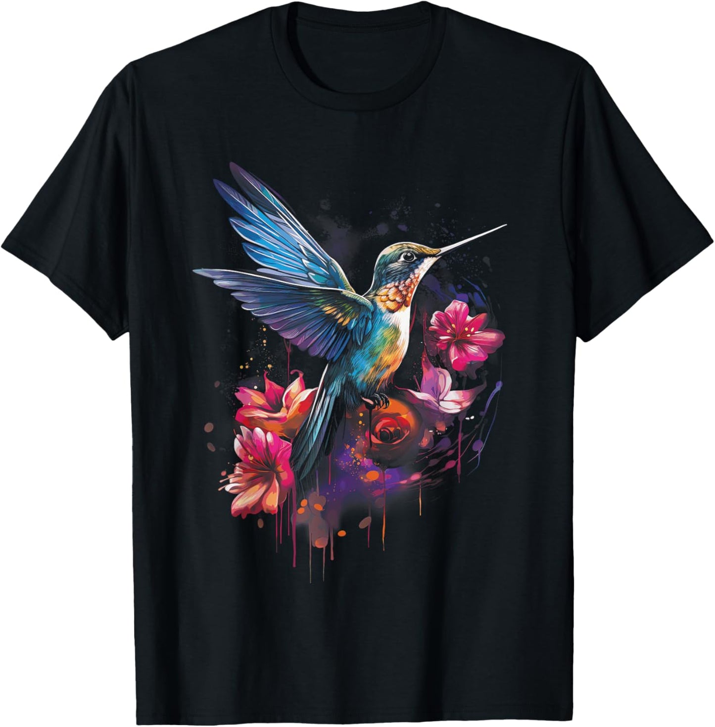 Hummingbird Floral Bird Artwork T-Shirt - T-Shirt | Black