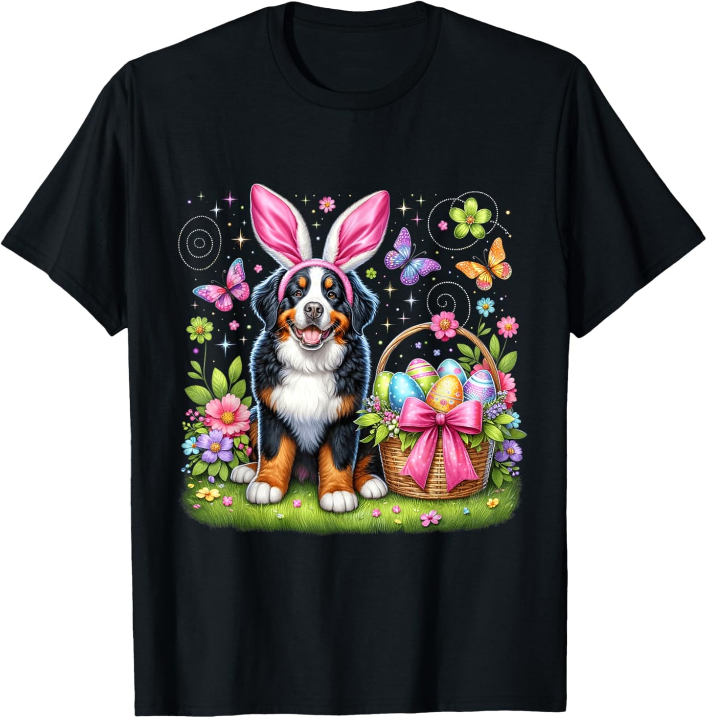 Cute Bunny Bernese Mountain Dog Dog Easter Eggs Basket Party T-Shirt - T-Shirt | Black